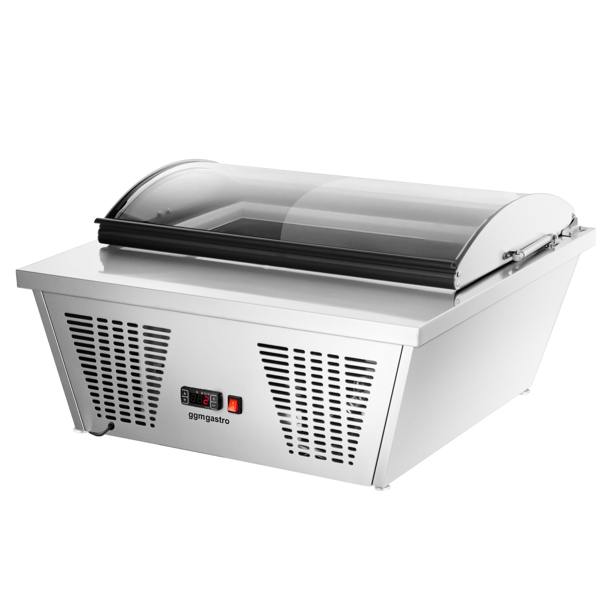 Vitrine à glaces à poser - 867x735mm - Froid statique - Couvercle vitré basculant - avec éclairage LED - pour 4 bacs de 5 L - Côté service