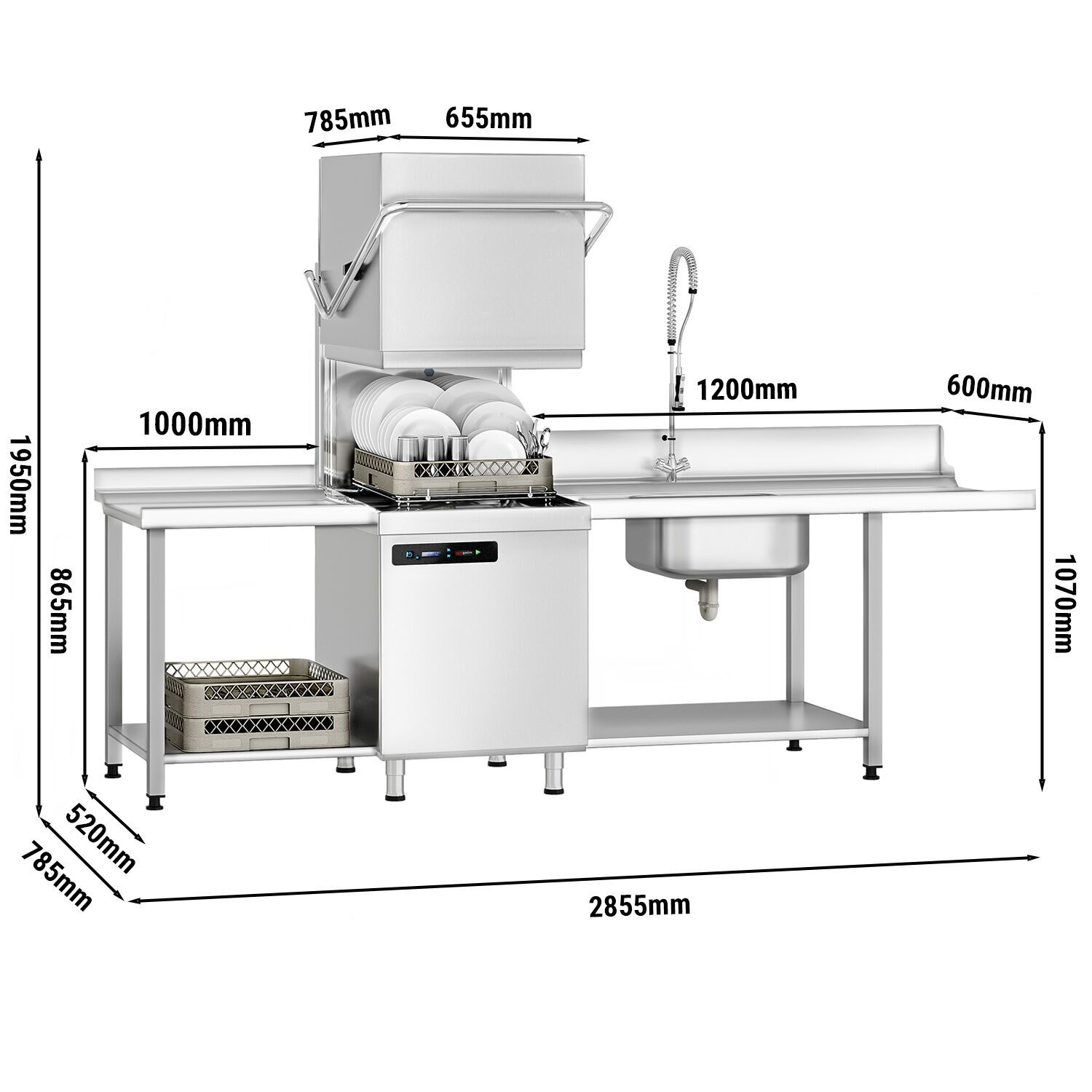 Lave-vaisselle à capot – Numérique – 7,1 kW – avec table d’entrée à droite, table de sortie à gauche et adoucisseur inclus – avec pompe de détergent, de rinçage et de vidange