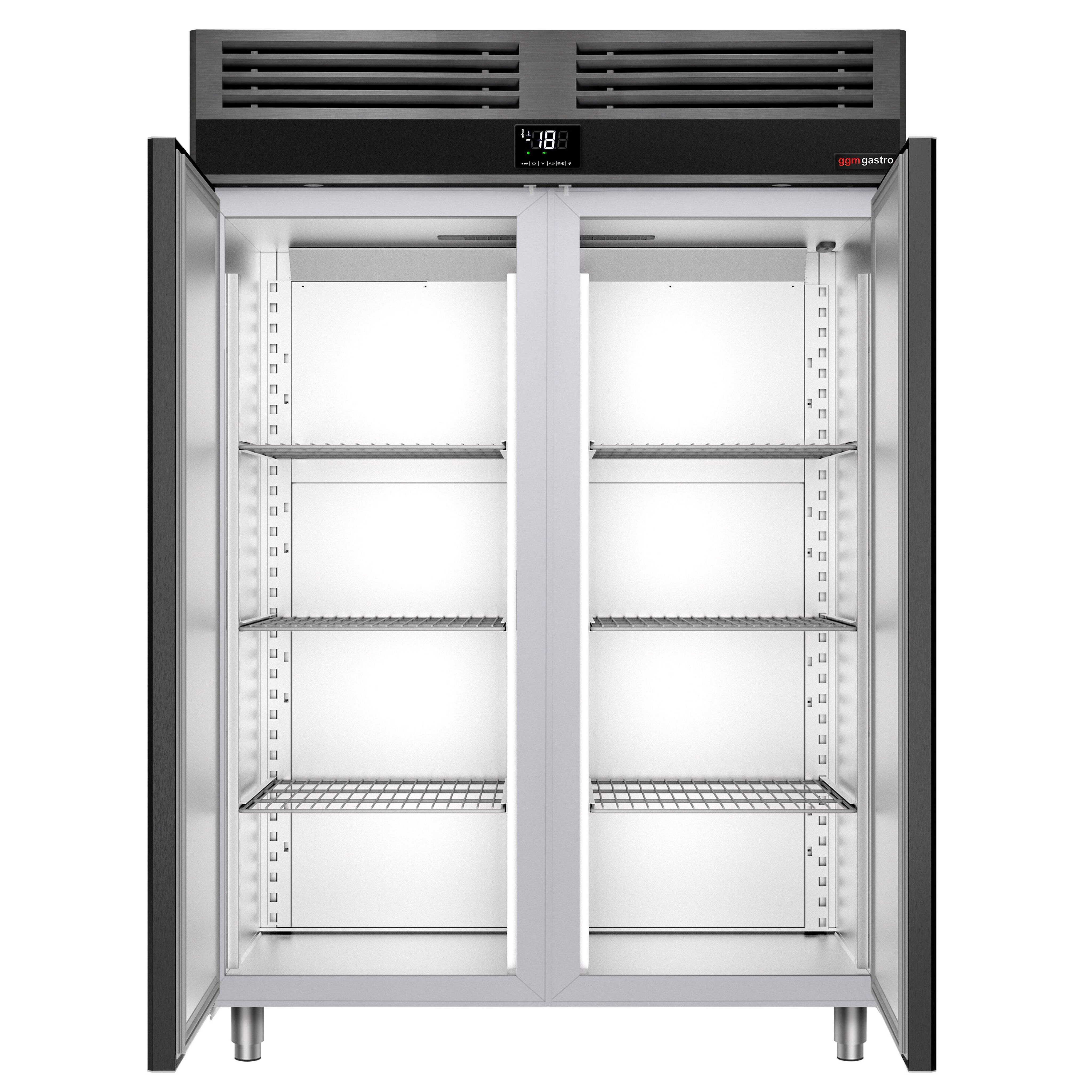 Armoire réfrigérée négative en acier inoxydable AISI 430 PREMIUM - GN 2/1 - 1400 L - avec 2 portes vitrées & Glissières & 6 grilles - Anthracite