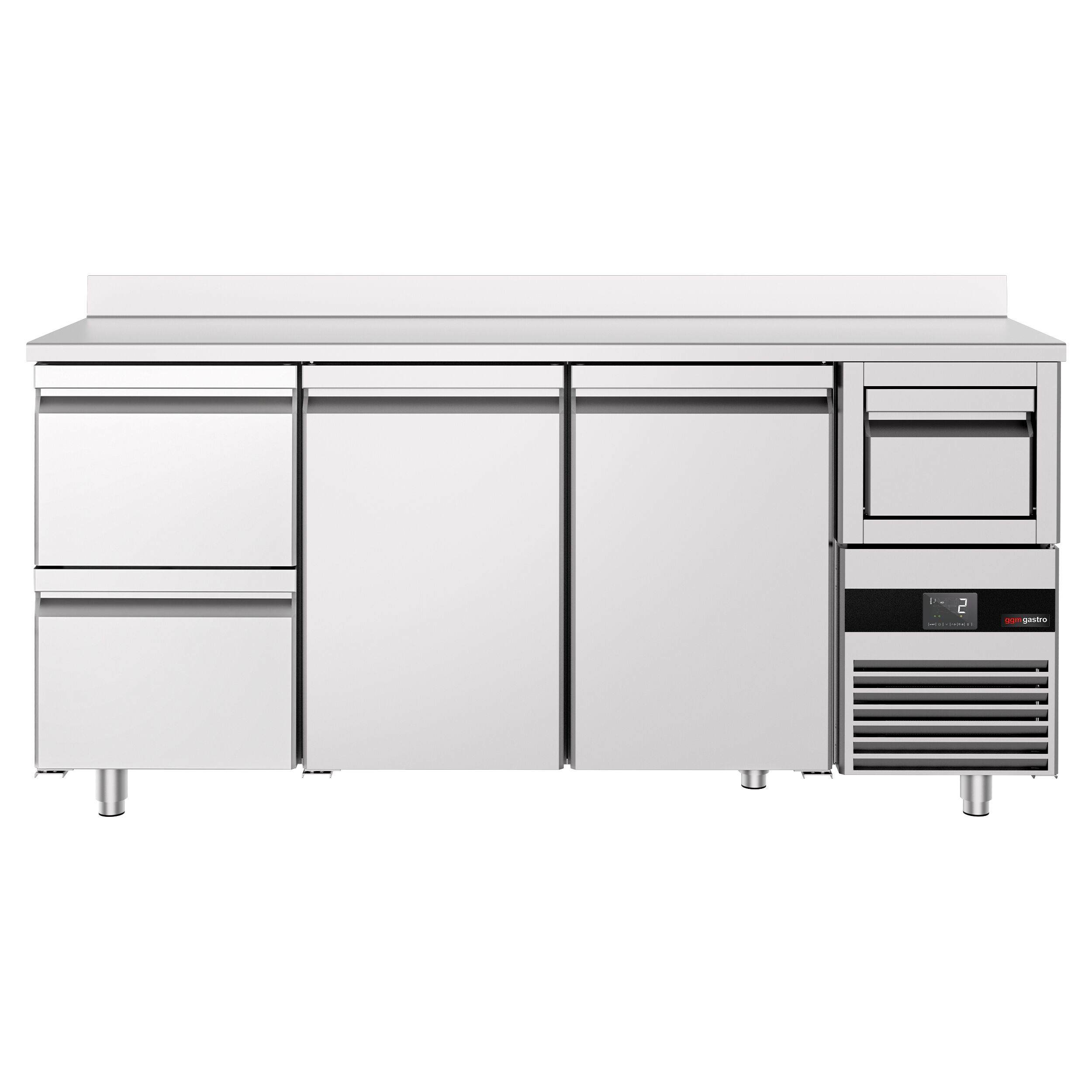 Arrière-bar réfrigéré professionnel  PREMIUM - 2130 x 600 mm - avec 2 portes et 2 tiroirs - avec dosseret - avec tiroir à marc de café