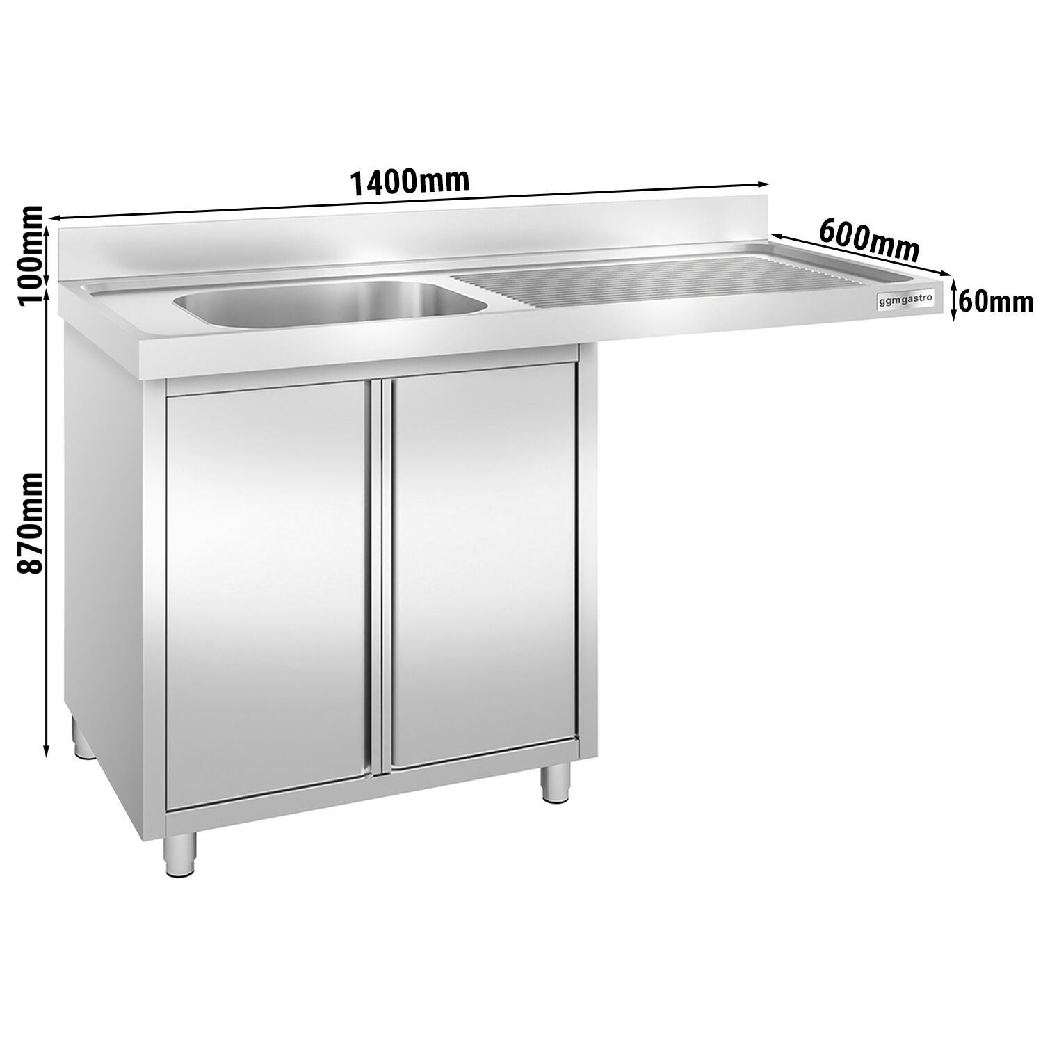 Meuble plonge inox professionnel PREMIUM - 1400x600mm - 1 bac à gauche - avec égouttoir à droite - avec portes battantes