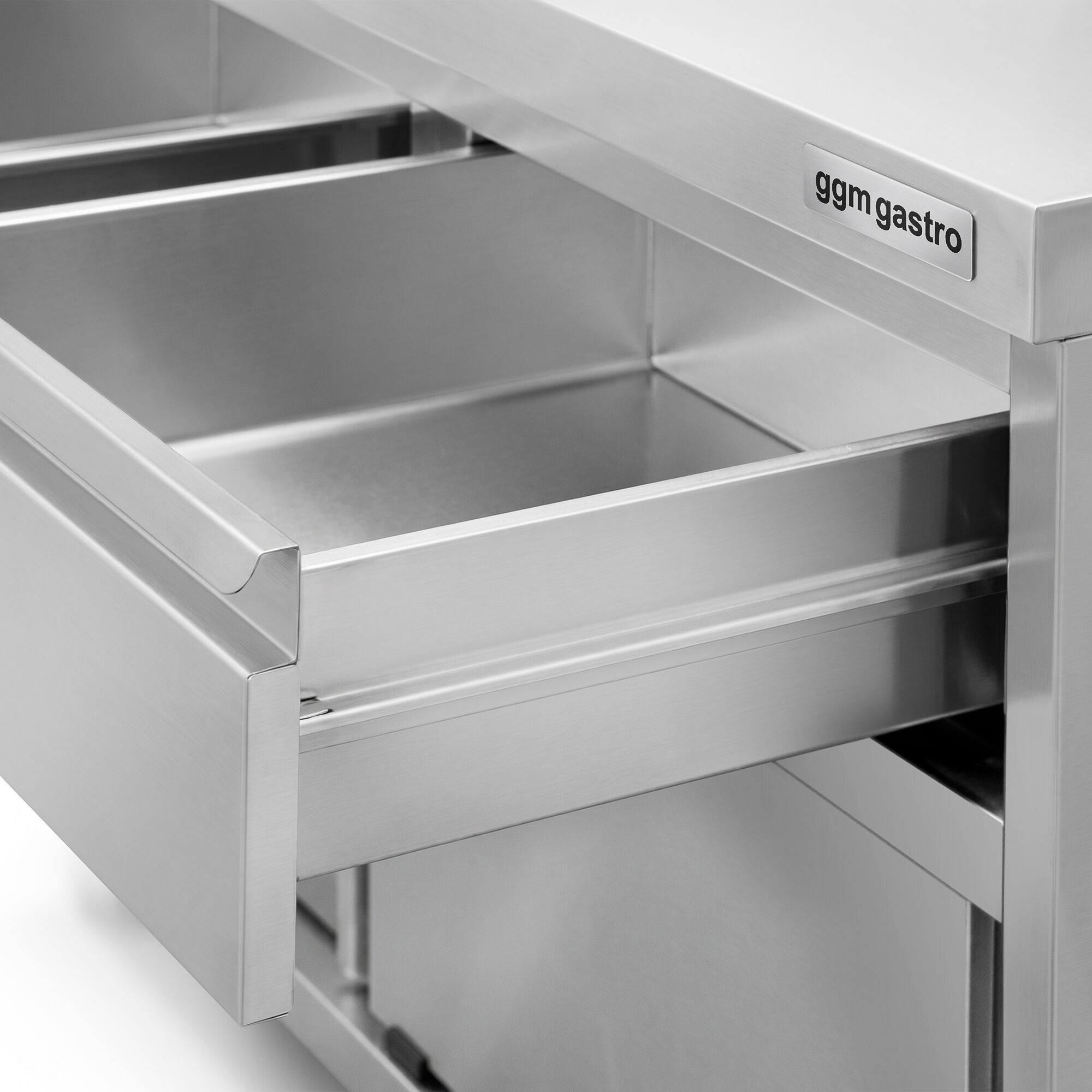 Arbetskåp i rostfritt stål PREMIUM – 1600 x 600 mm – med uppkant – med 3 lådor och skjutdörr