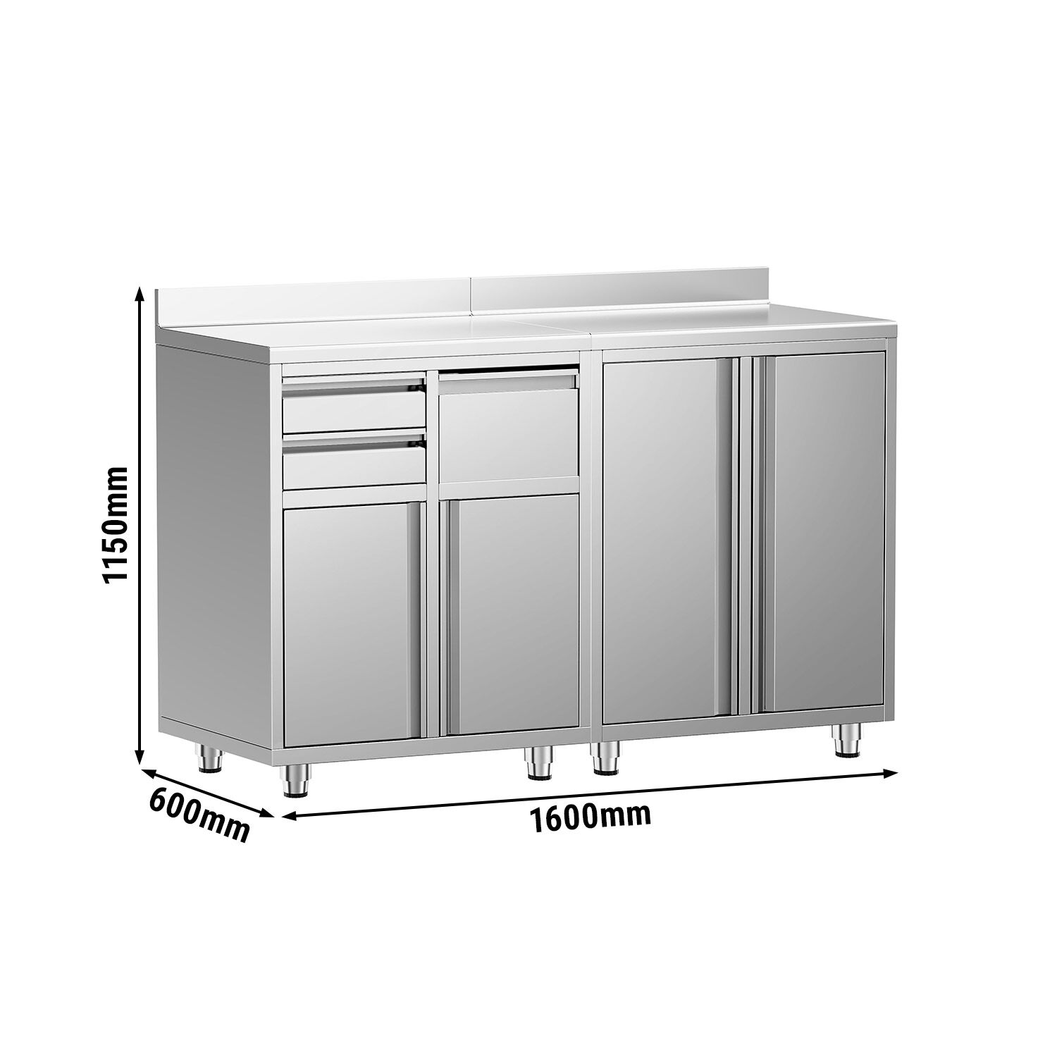 Table armoire en acier inoxydable - 1600x600mm - avec portes battantes et 2 tiroirs - avec dosseret - pour machine à café (cafetière à filtre)