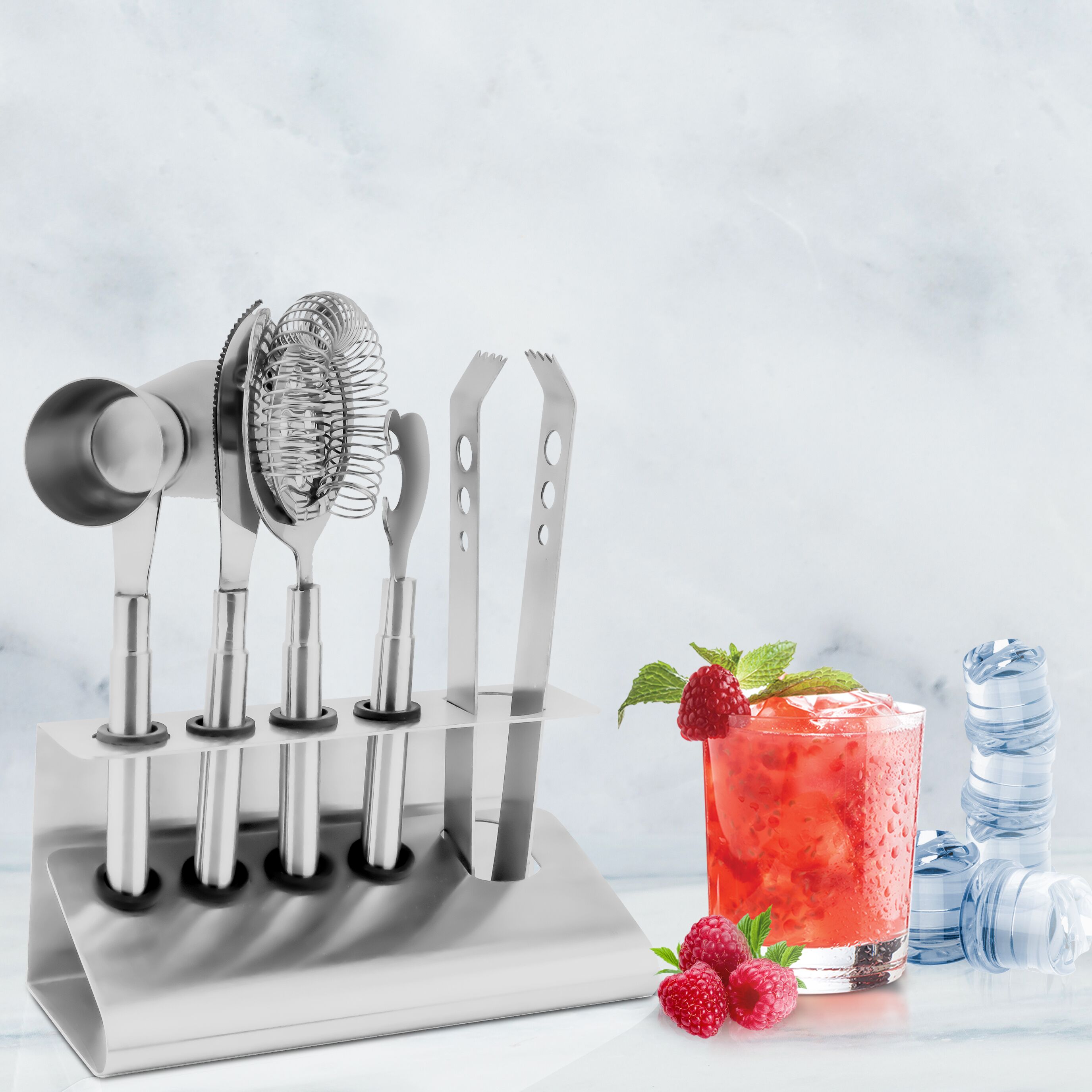 Cocktail kit - incl. jigger, strainer, ice tongs, bar knife & bottle opener