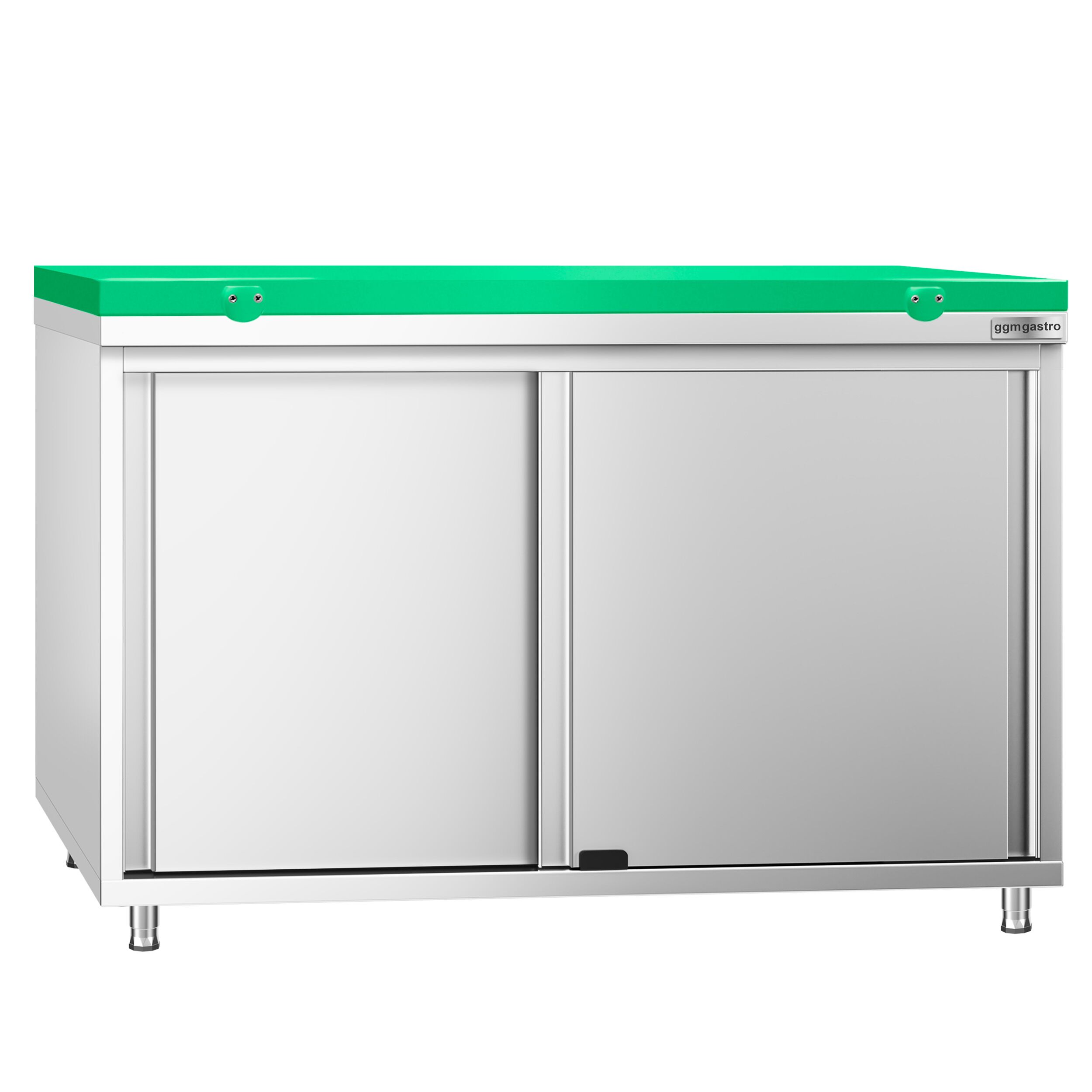 Table armoire en acier inoxydable PREMIUM - 1200x700mm - avec portes coulissantes - pour fruits et légumes - incl. plateau de découpe Vert PEHD (HACCP)