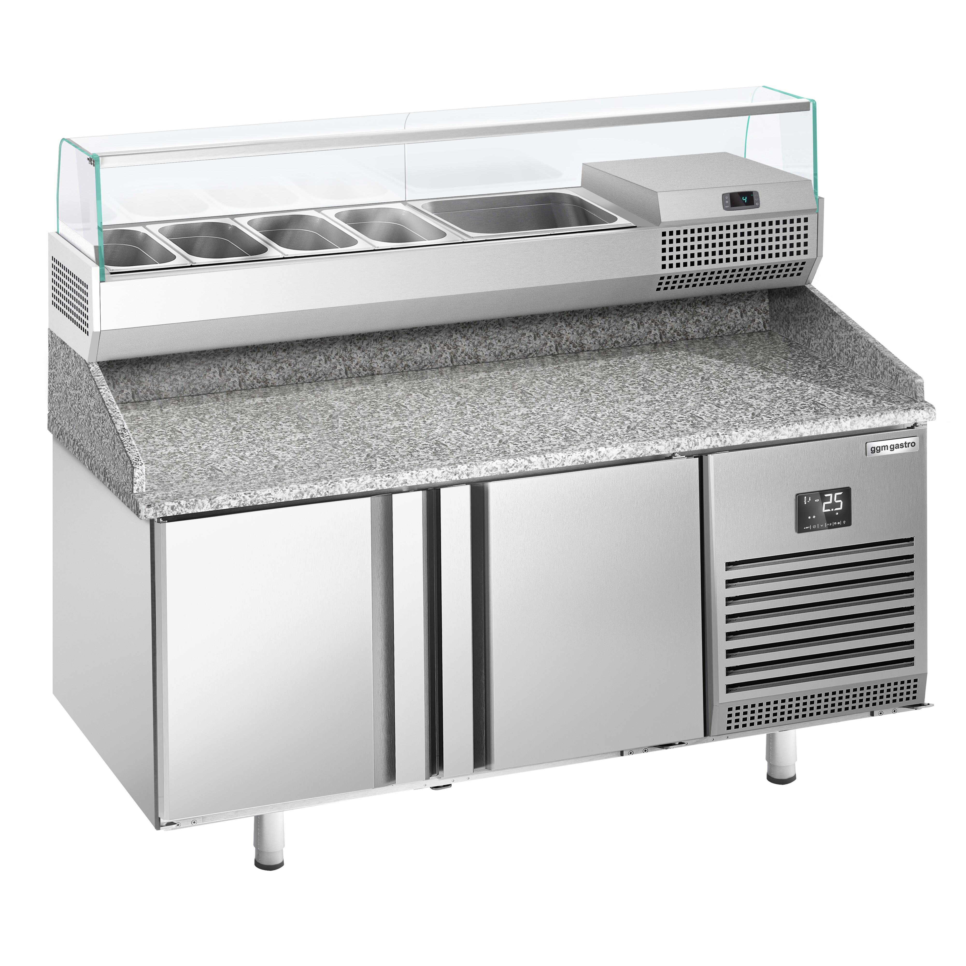 Table réfrigérée à pizza Premium PLUS - 1490 x 700 mm - avec 2 portes - incl. vitrine réfrigérée de présentation - 6x GN 1/4