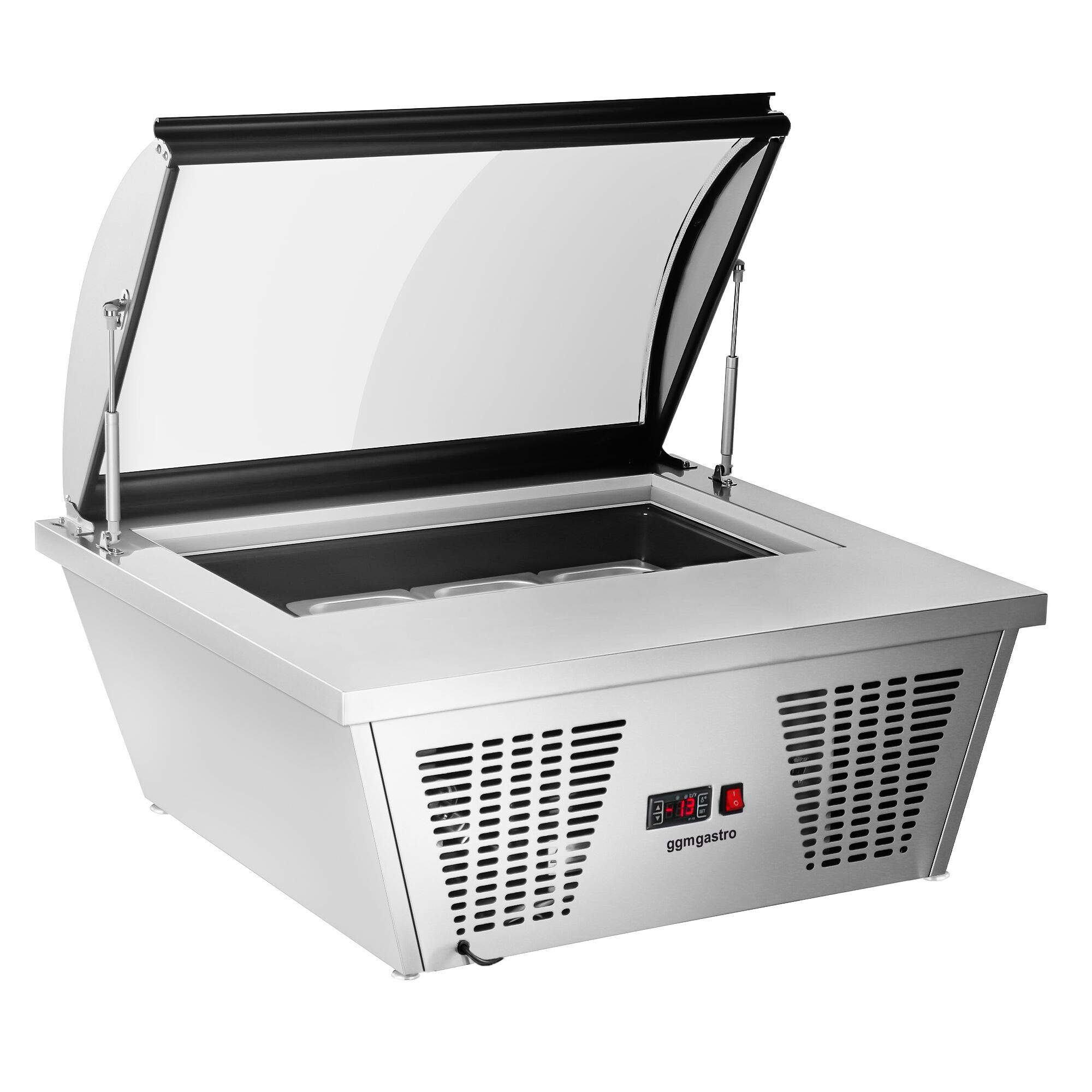 Vitrine à glaces à poser - 867x735mm - Froid statique - Couvercle vitré basculant - avec éclairage LED - pour 4 bacs de 5 L - Côté service