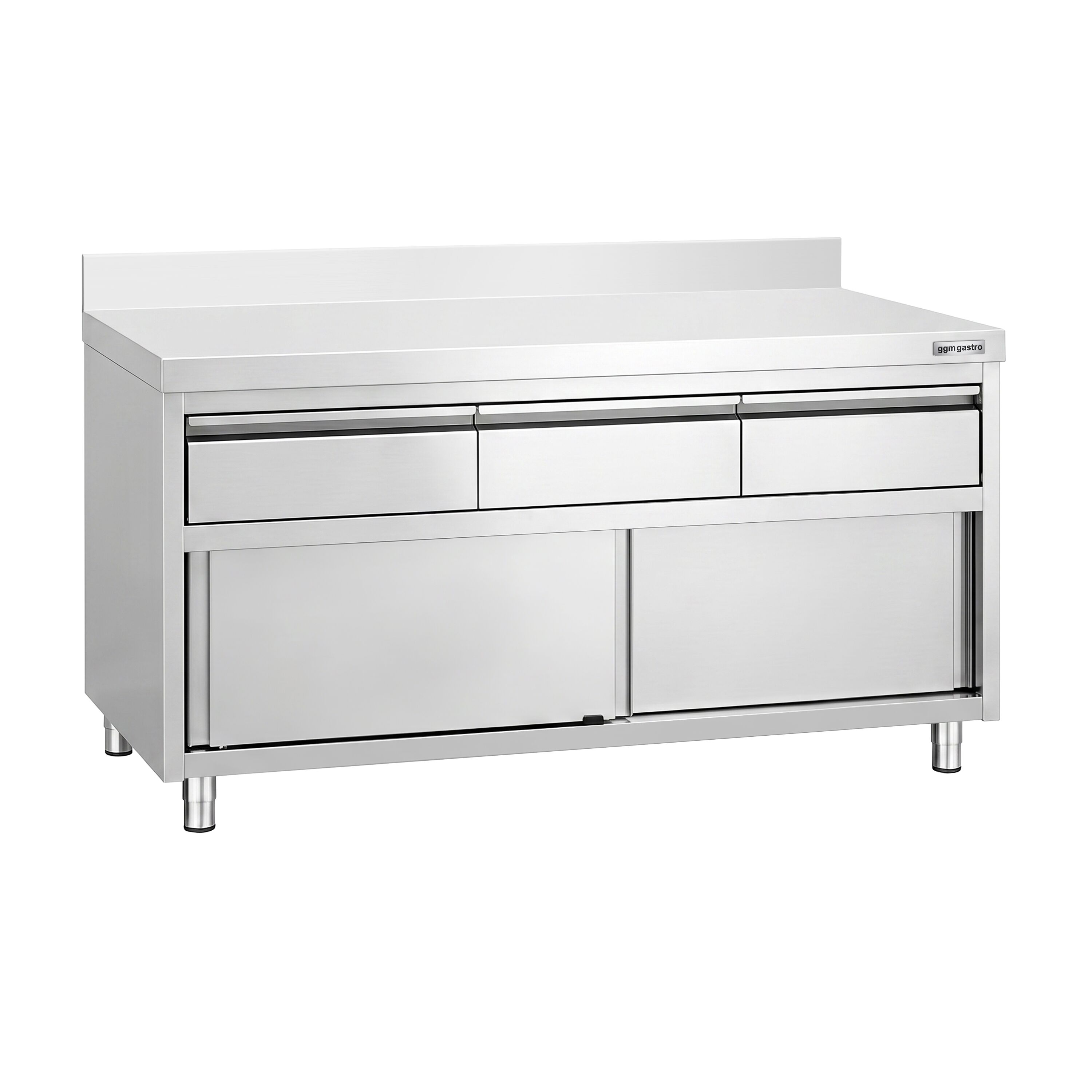 Armoire de travail en acier inoxydable PREMIUM - 1 600 x 600 mm - avec rebord - avec 3 tiroirs et une porte coulissante