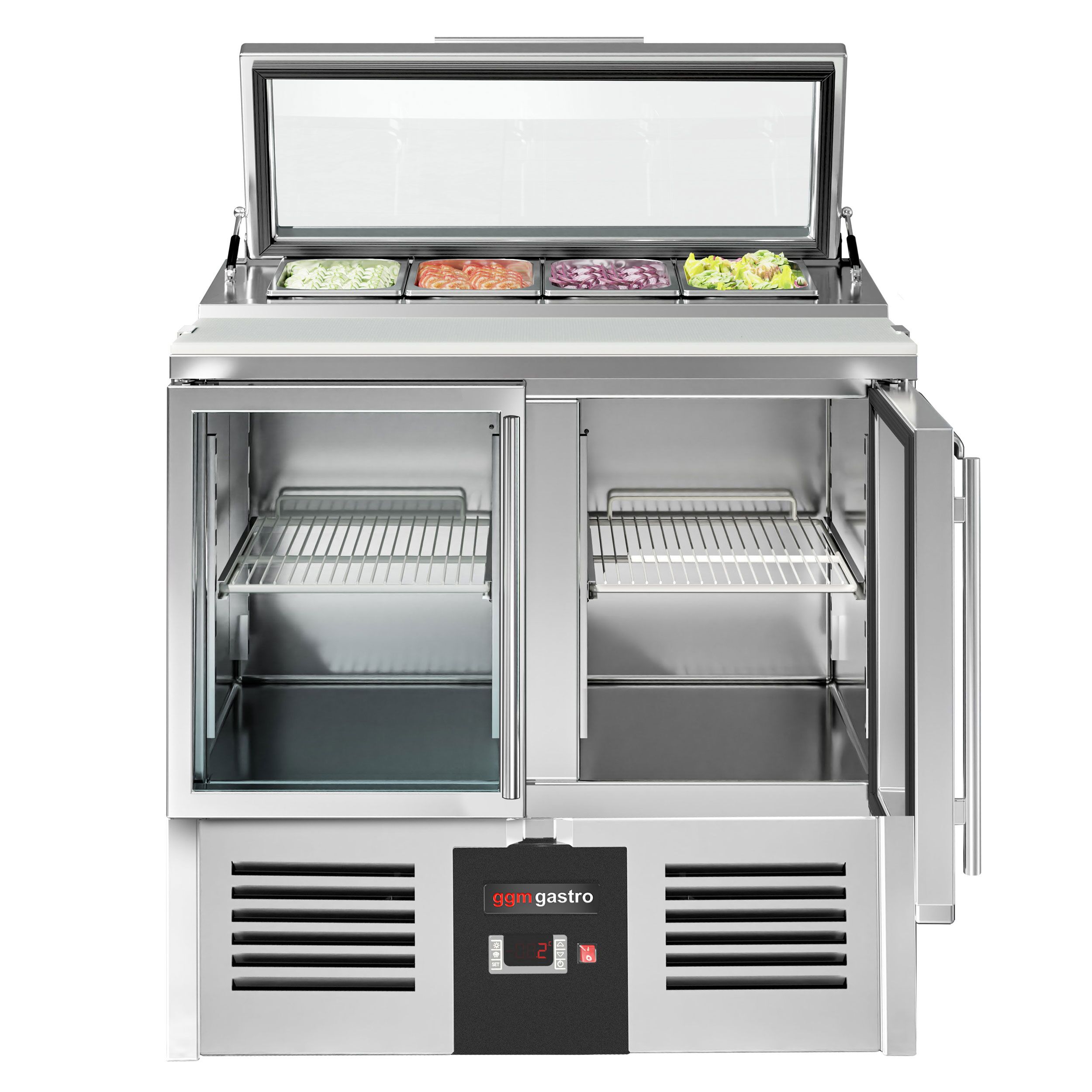 Saladette réfrigérée PREMIUM - 900mm - 159L - 2 portes vitrées - avec découpe pour 4x GN 1/3 & Couvercle verre