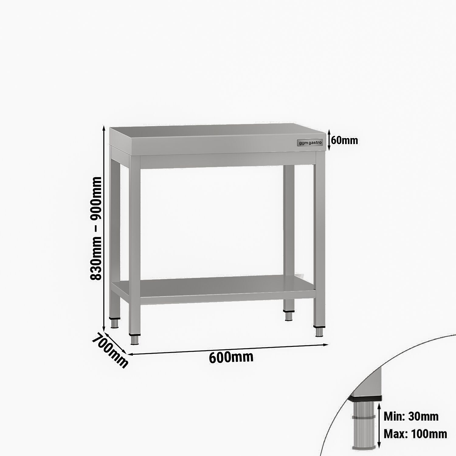 Table de travail en inox ECO – 600 × 700 mm – avec tablette inférieure