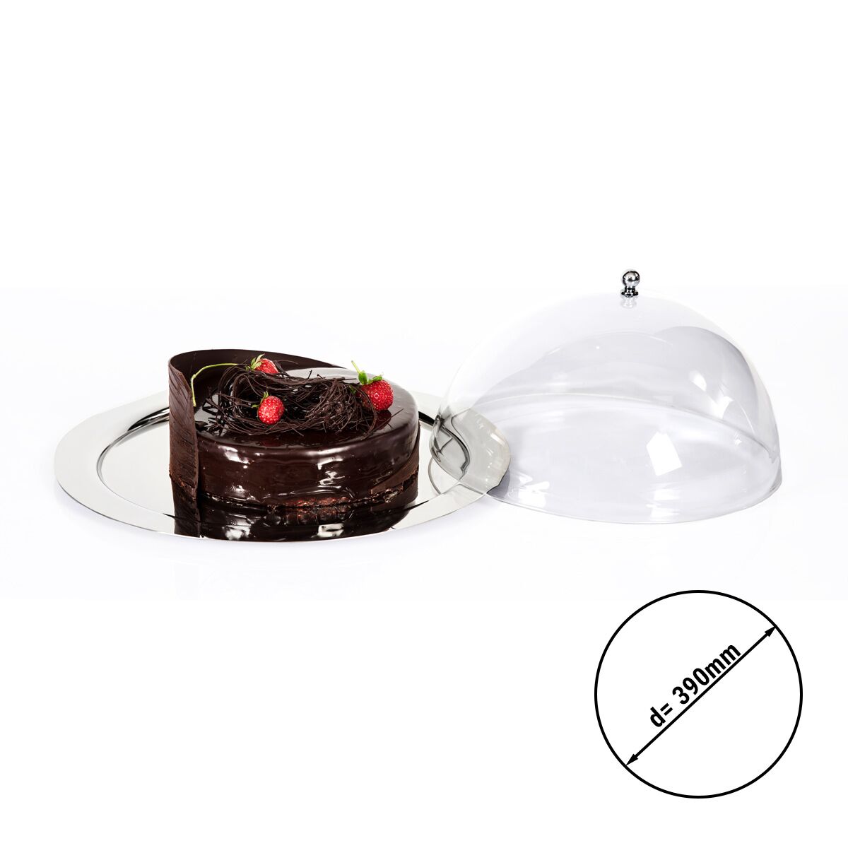 Plateau de présentation - Acier inoxydable - Ø390mm - poli miroir - avec cloche transparente