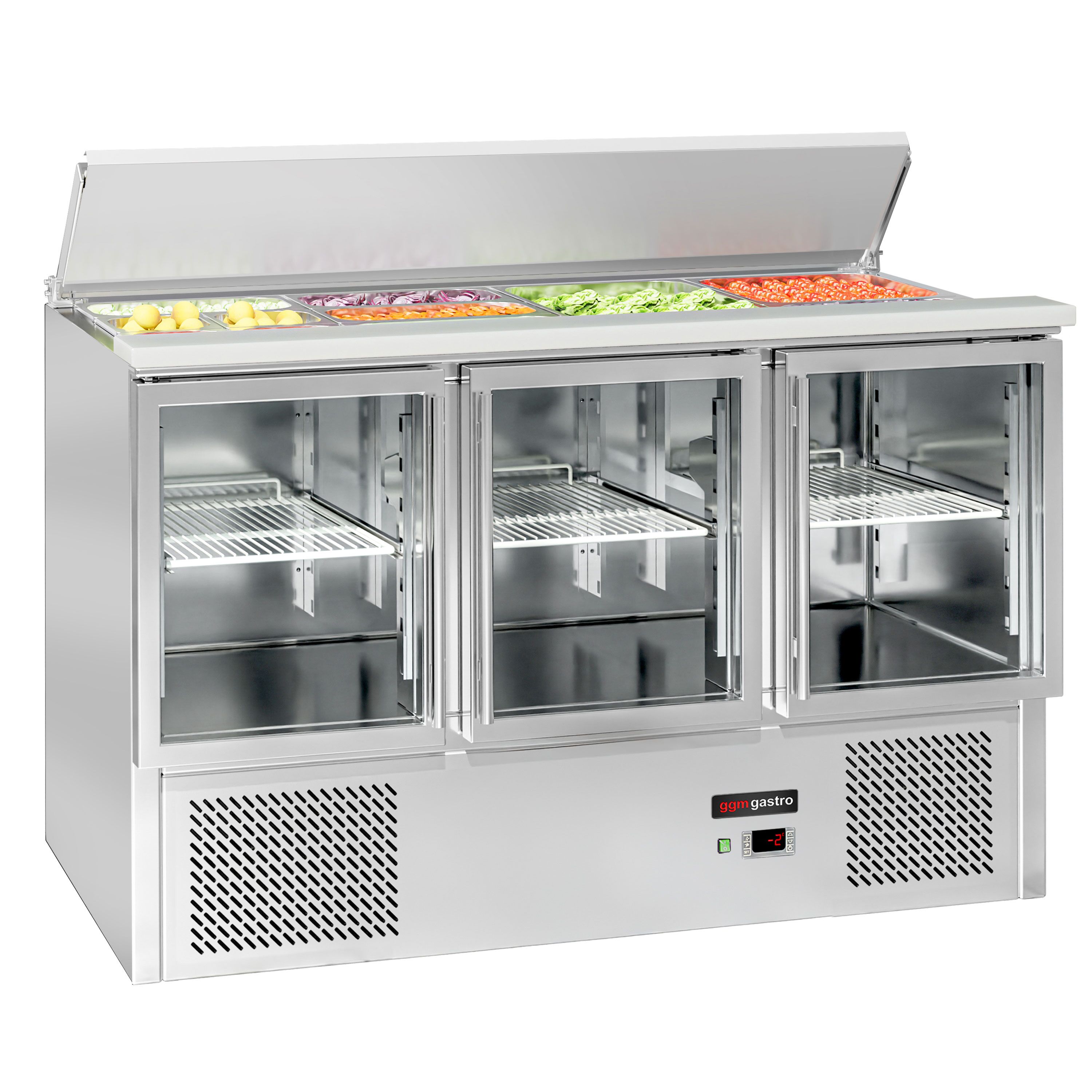 Saladette réfrigérée ECO - 1368mm - 368L - 3 portes vitrées - avec découpe pour 4x GN 1/1 & Couvercle inox