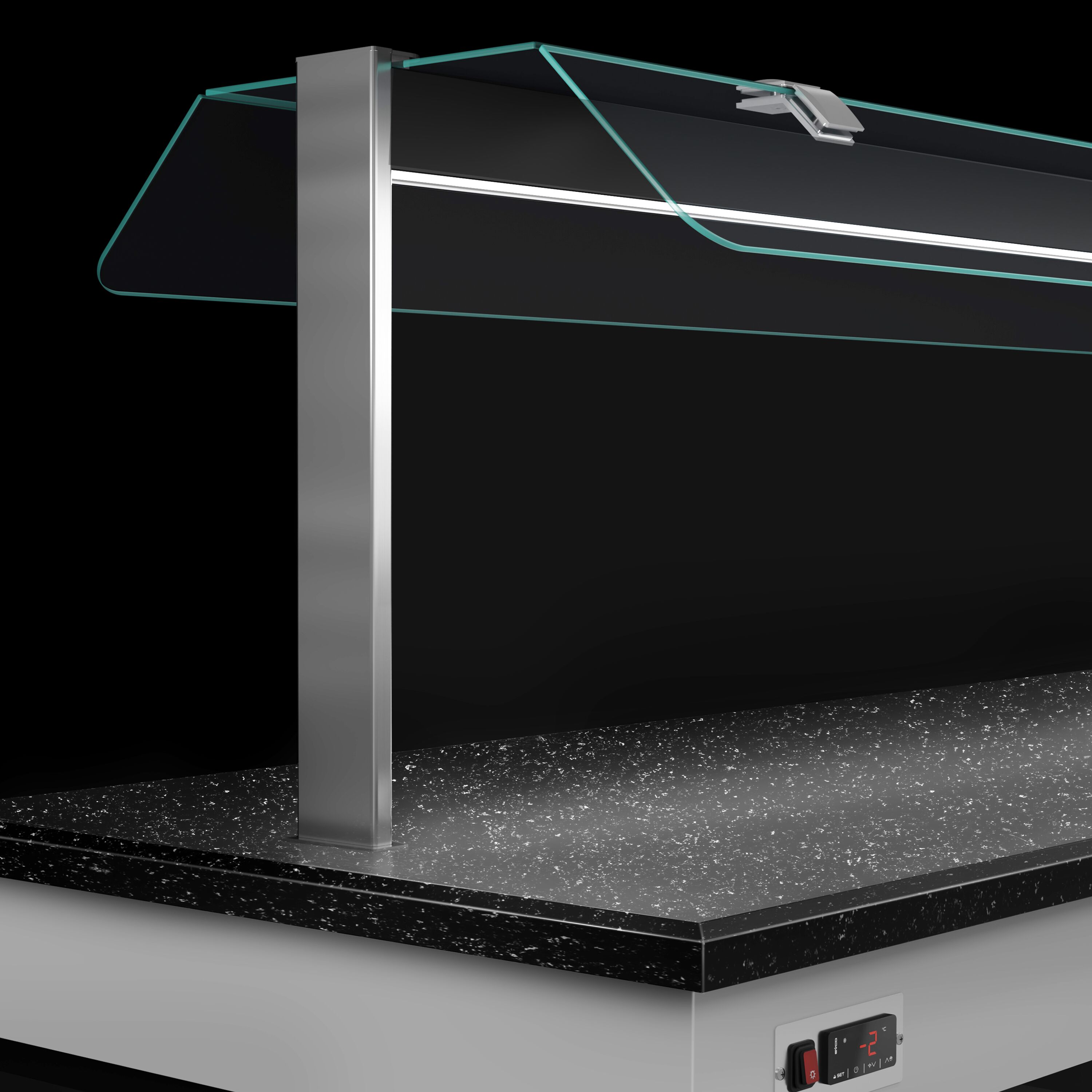 Refrigerated Buffet Display BELFAST - 1600mm - with Refrigerated Frost Top + Flat Glass Sneeze Guard - on Castors - Black