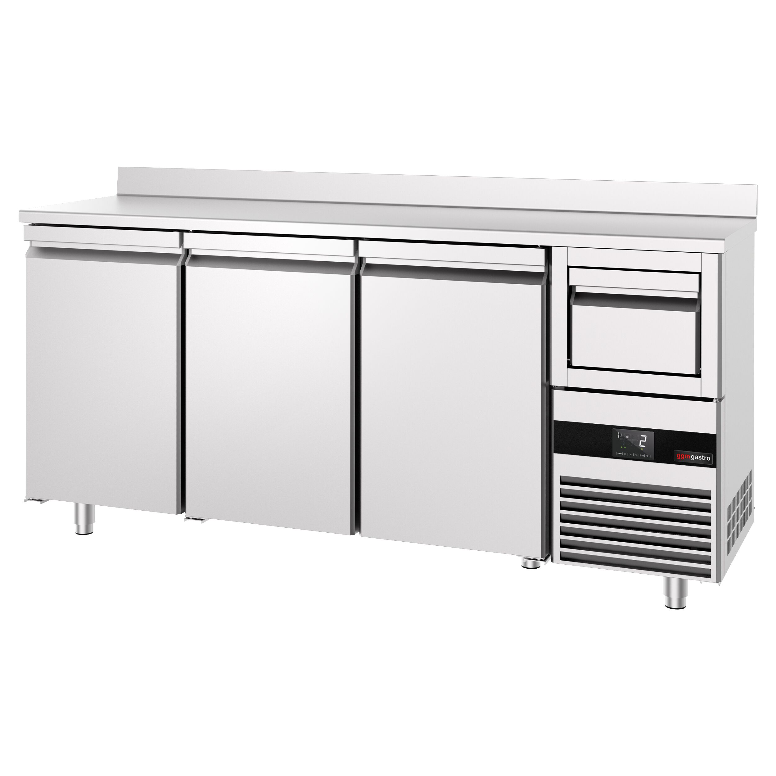 Arrière-bar réfrigéré professionnel  PREMIUM - 2130 x 600 mm - avec 3 portes - avec dosseret - avec tiroir à marc de café