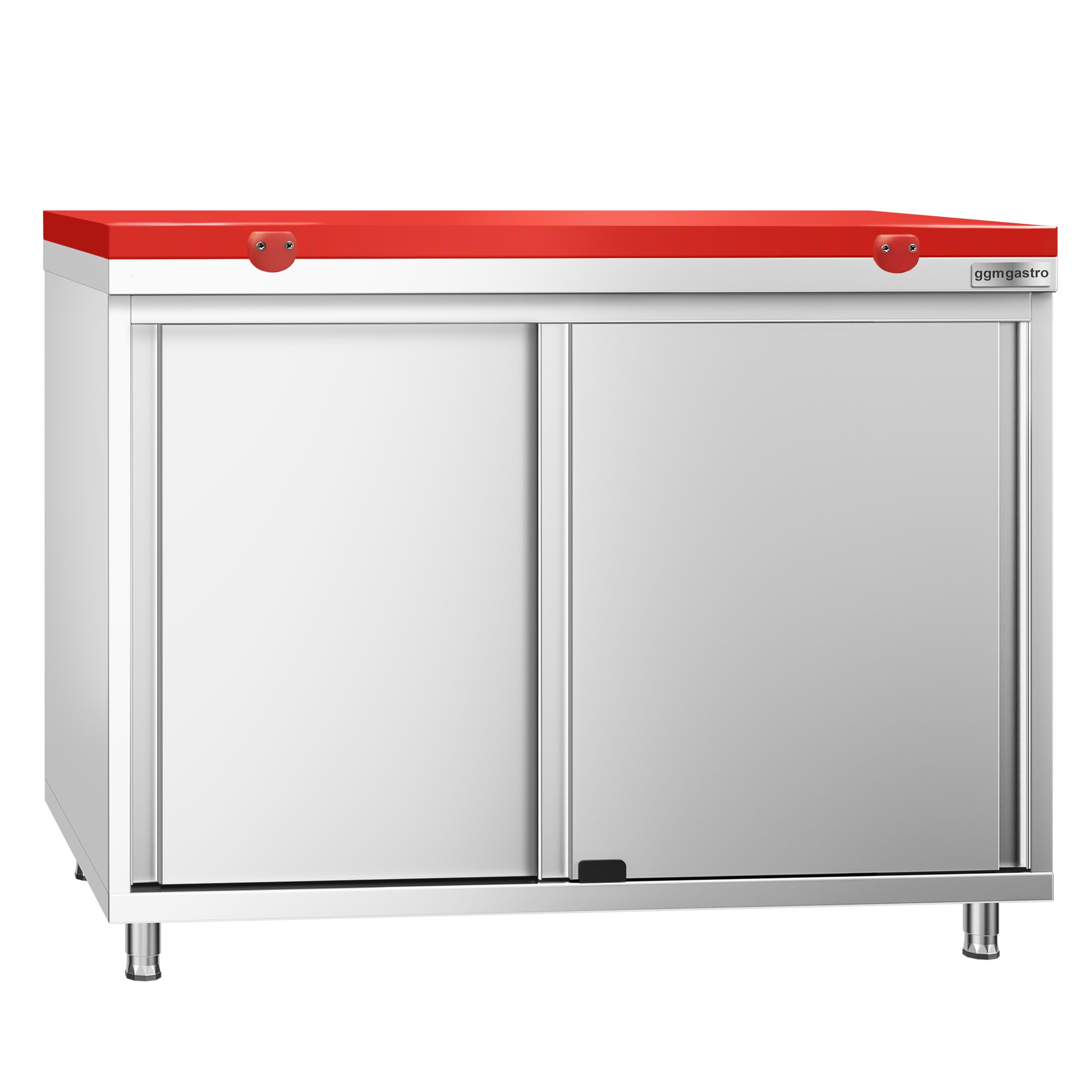 Table armoire en acier inoxydable PREMIUM - 1000x600mm - avec portes coulissantes - pour viande crue - incl. plateau de découpe Rouge PEHD (HACCP)