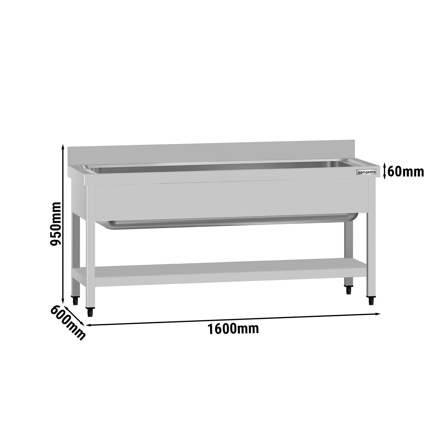 Plonge à marmites en inox ECO - 1600x600mm - avec étagère basse & 1 bac