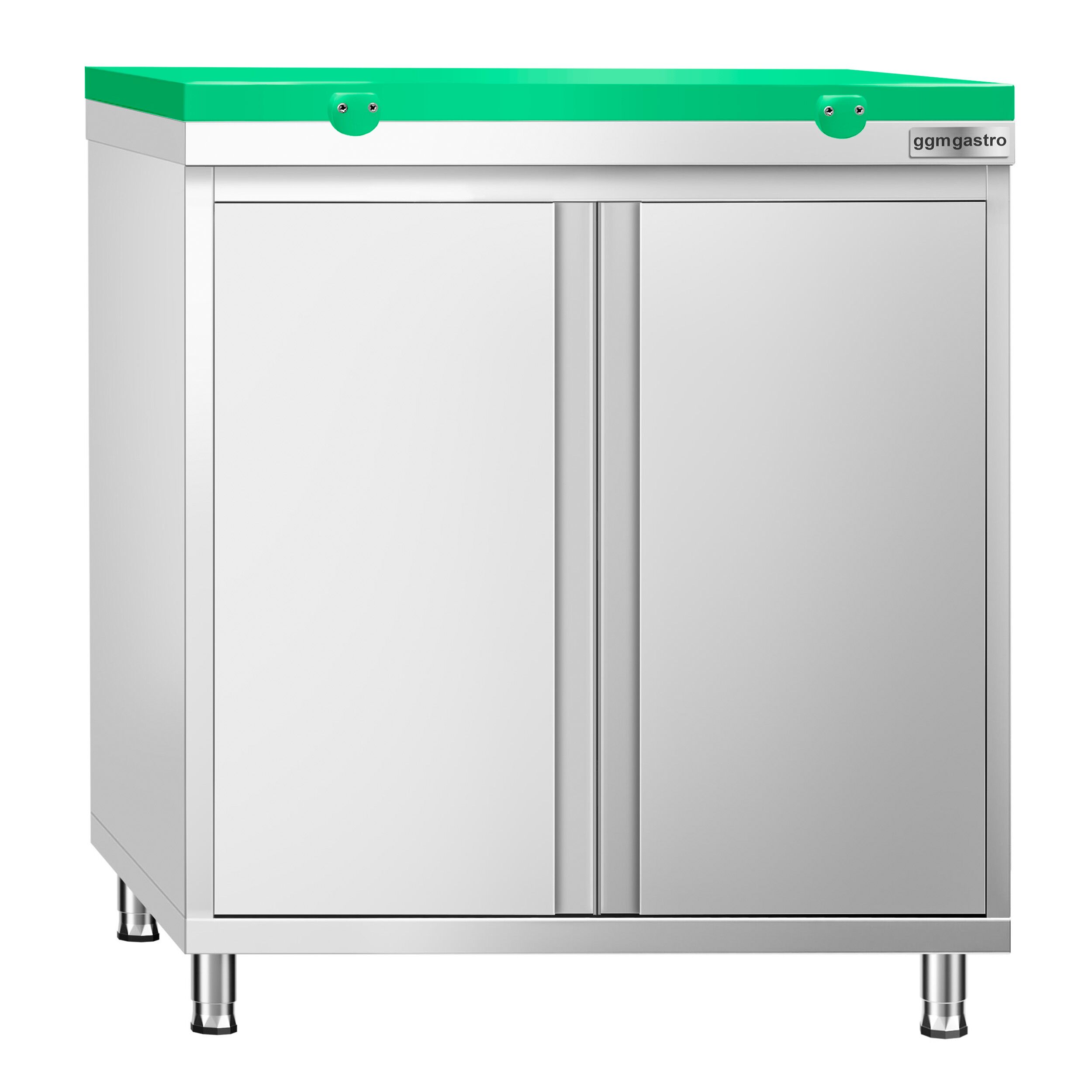 Table armoire en acier inoxydable PREMIUM - 800x700mm - avec portes battantes - incl. plateau de découpe Vert PEHD (HACCP)