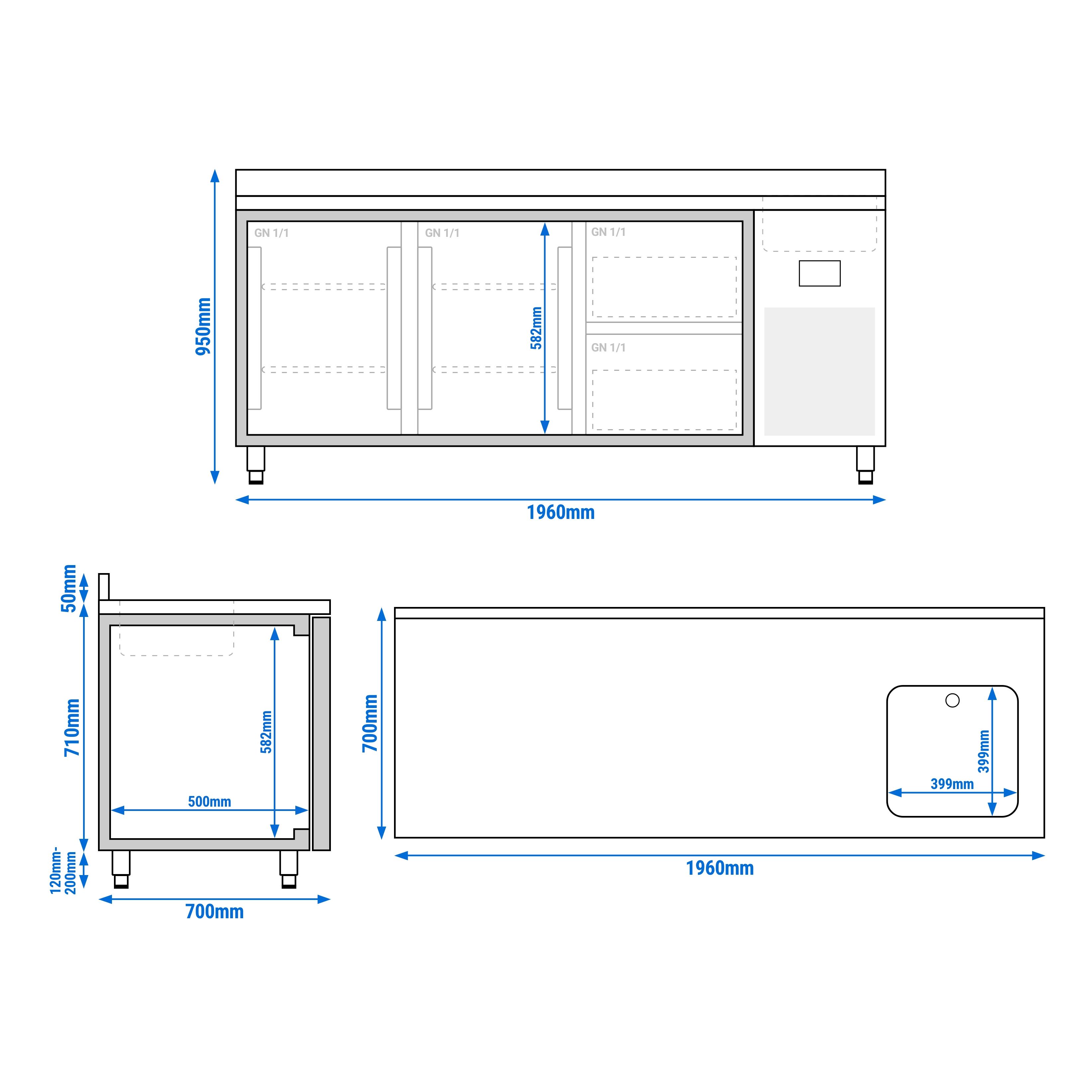 Table réfrigérée Premium PLUS - 1960 x 700 mm - avec 1 bac, 2 portes, 2 tiroirs - dosseret