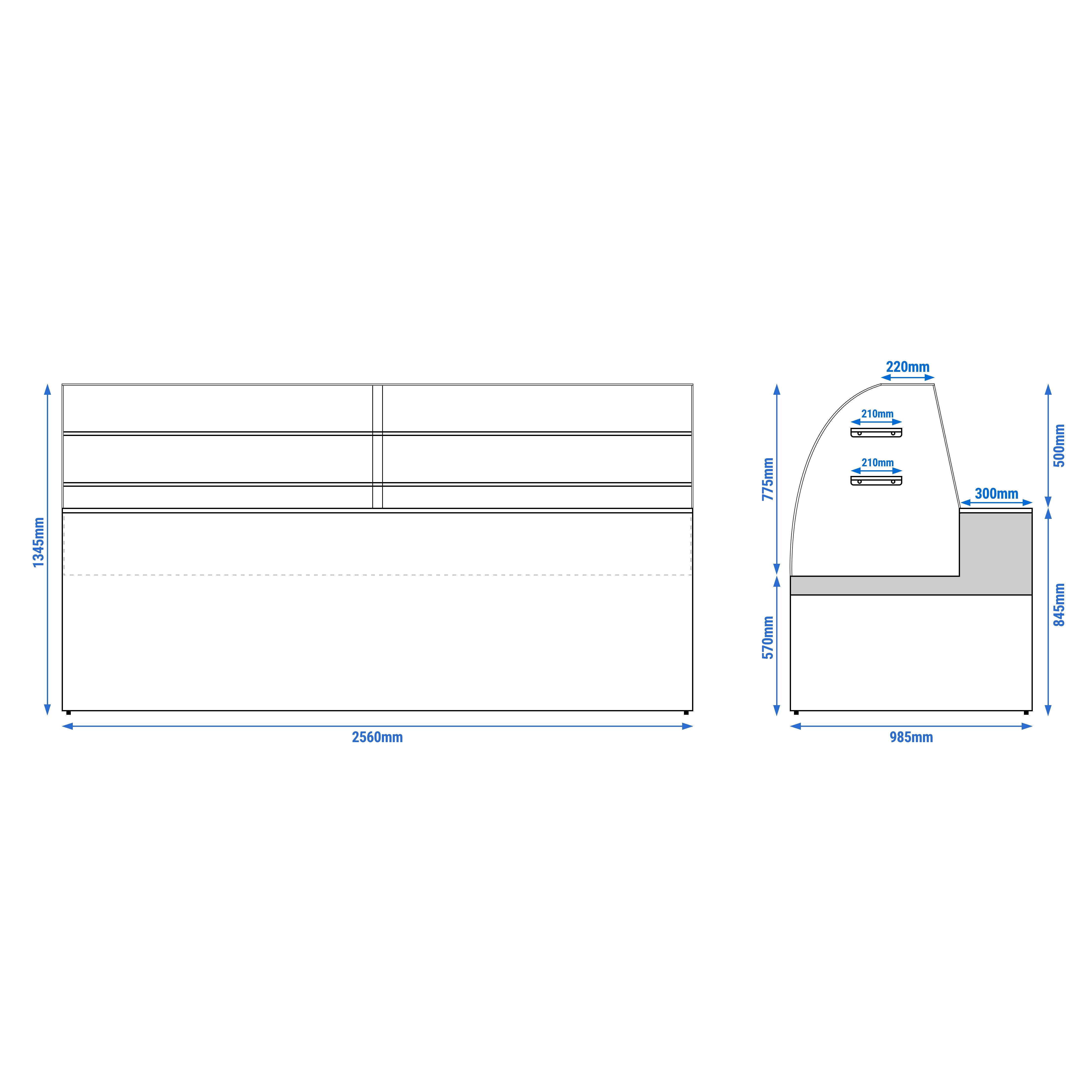 Comptoir vitrine réfrigérée - 2560x985mm - 430L - +4/+8°C - 4 portes - Vitre bombée