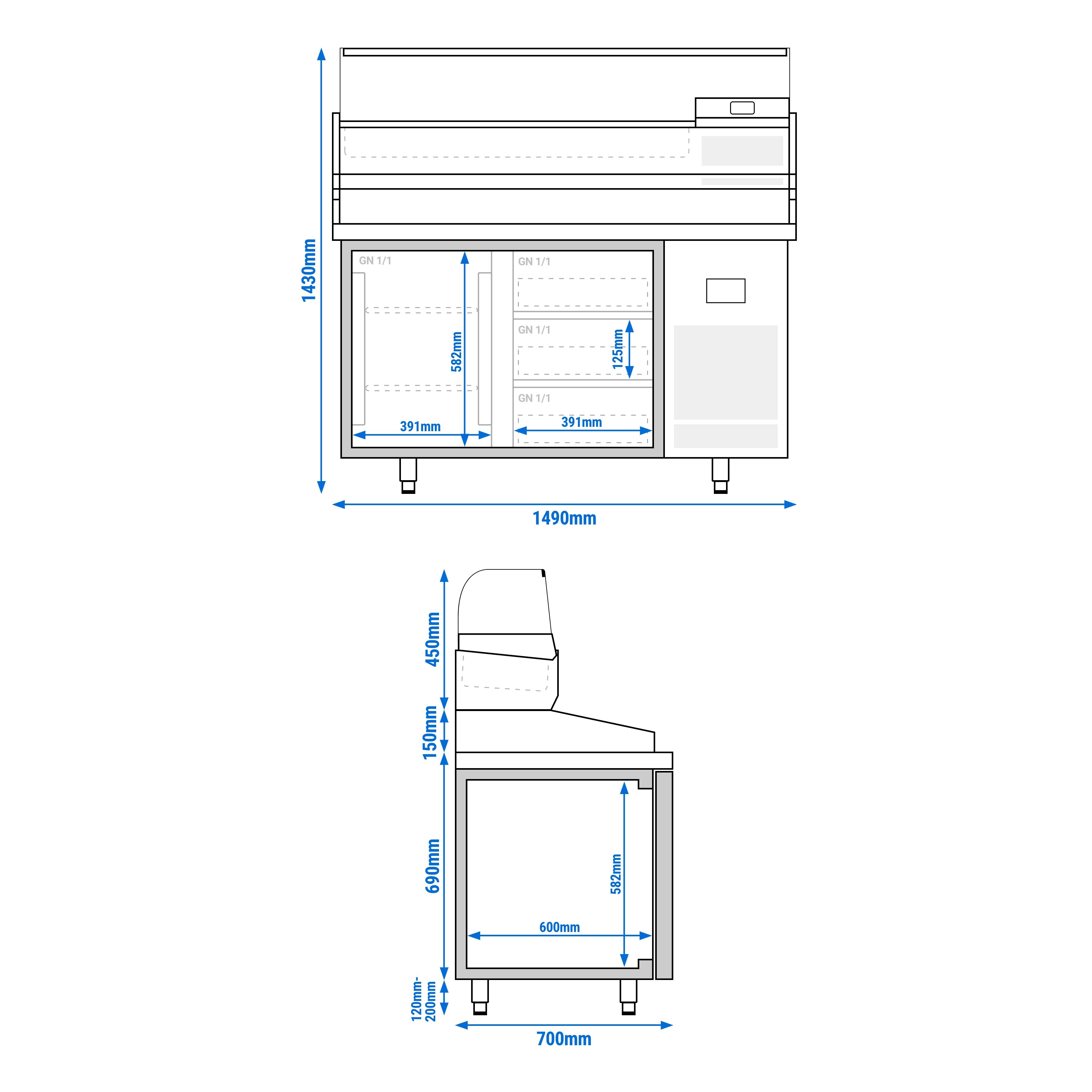 Table réfrigérée à pizza Premium PLUS - 1490x700 mm - avec 1 porte & 3 tiroirs - incl. vitrine réfrigérée - 6x GN 1/4
