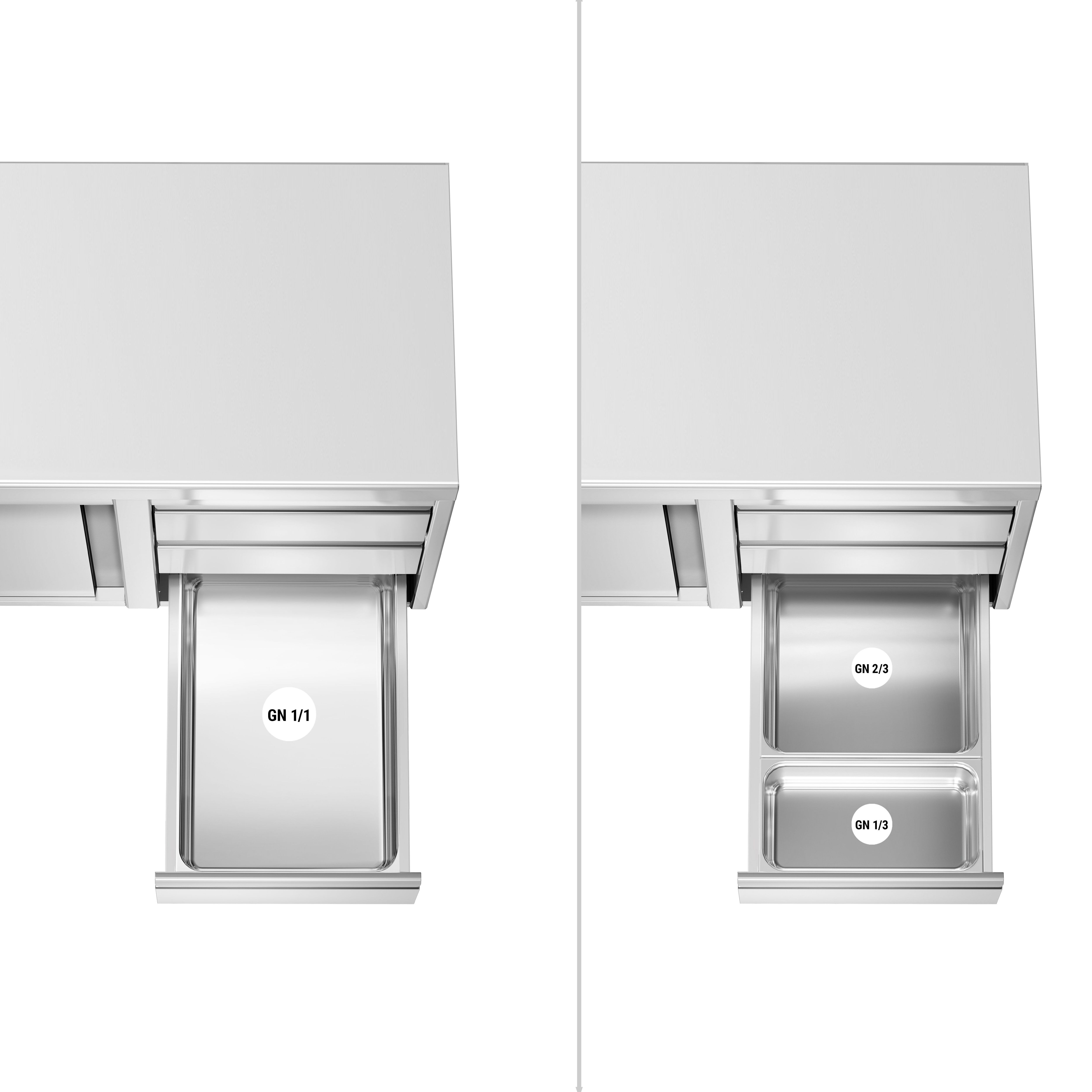 Table armoire en acier inoxydable PREMIUM - 1400x700mm - avec portes coulissantes et 3 tiroirs à droite - avec dosseret