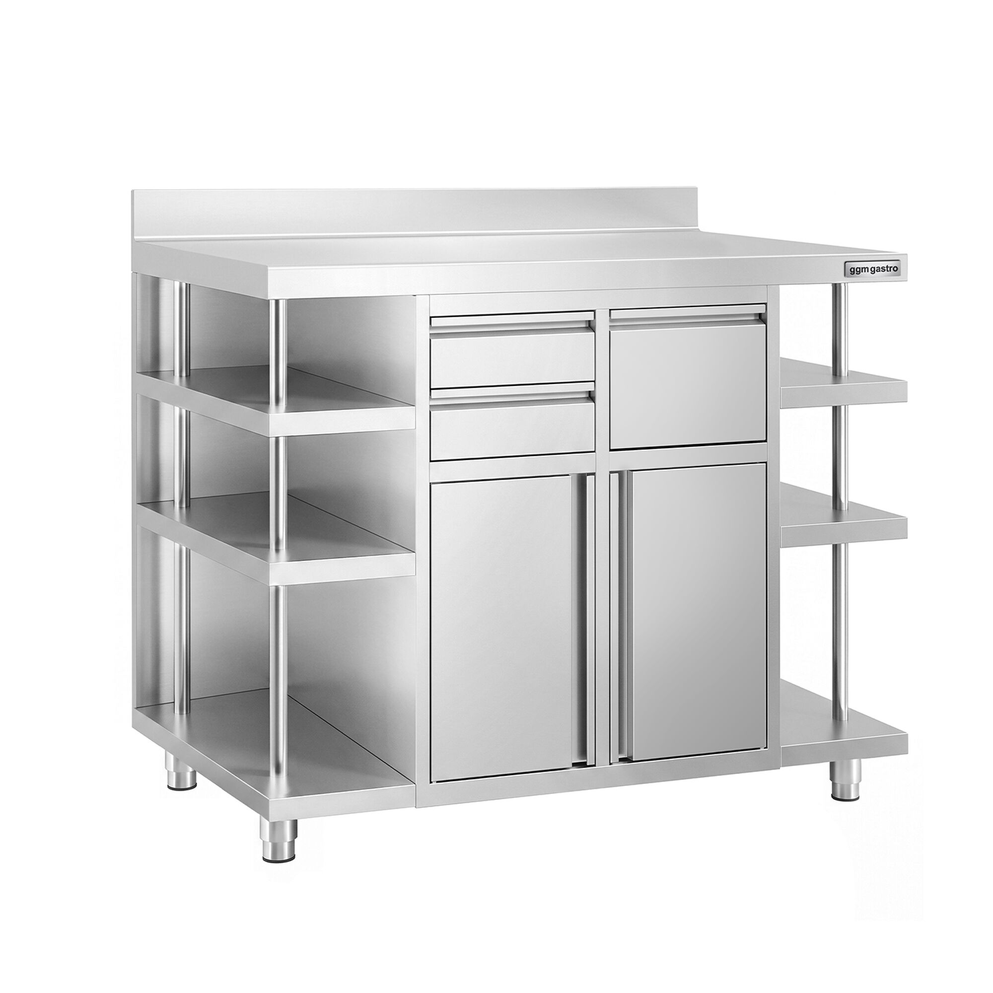Arbetsskåp – för kaffemaskin – 1400 x 600 mm – med 2 pendeldörrar, 2 lådor, avklappningsanordning, 6 hyllor och upphöjd kant