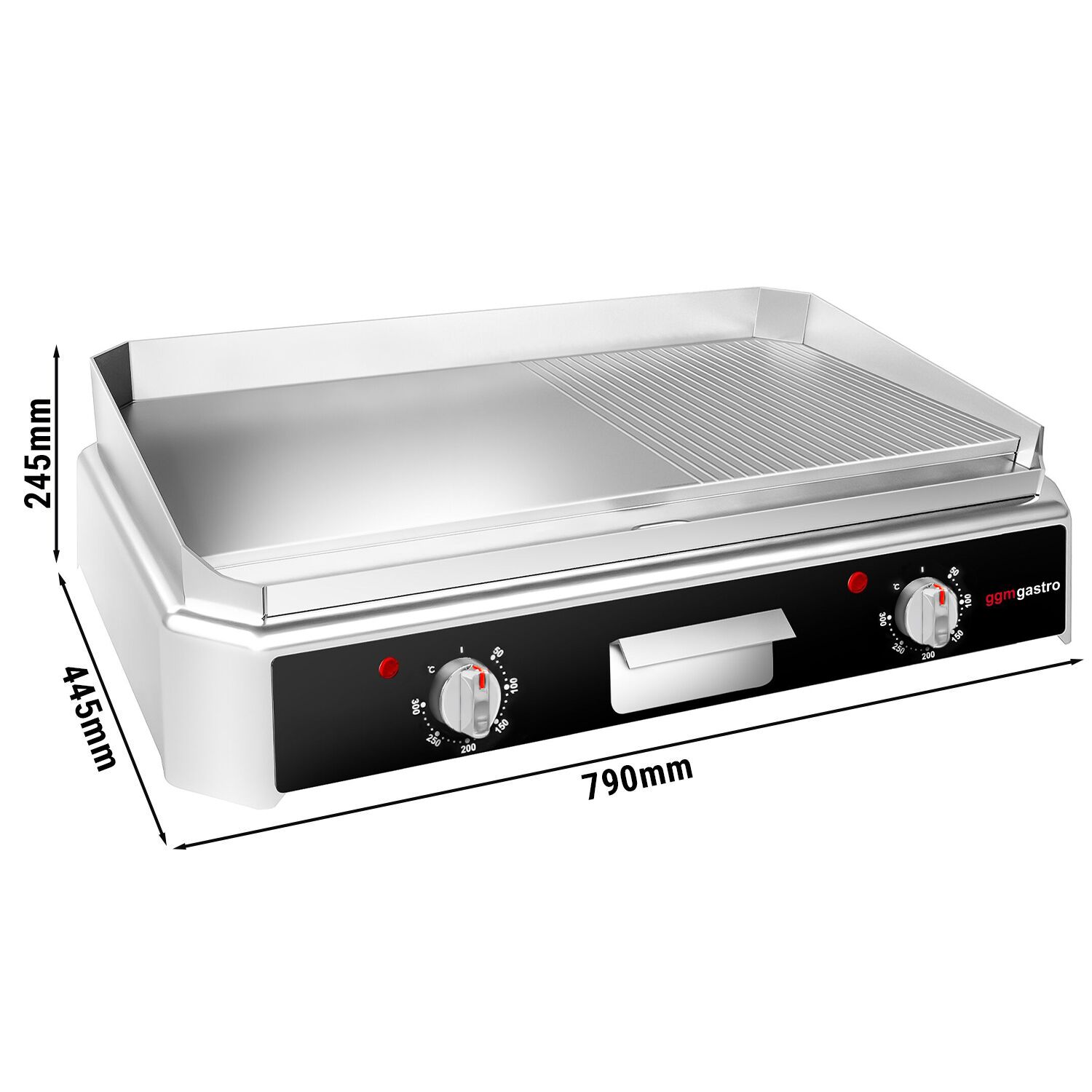 Plancha électrique - plaque acier - 2 zones - 5,0 kW - 1/2 lisse, 1/2 rainurée - Surface de cuisson : 790x445mm