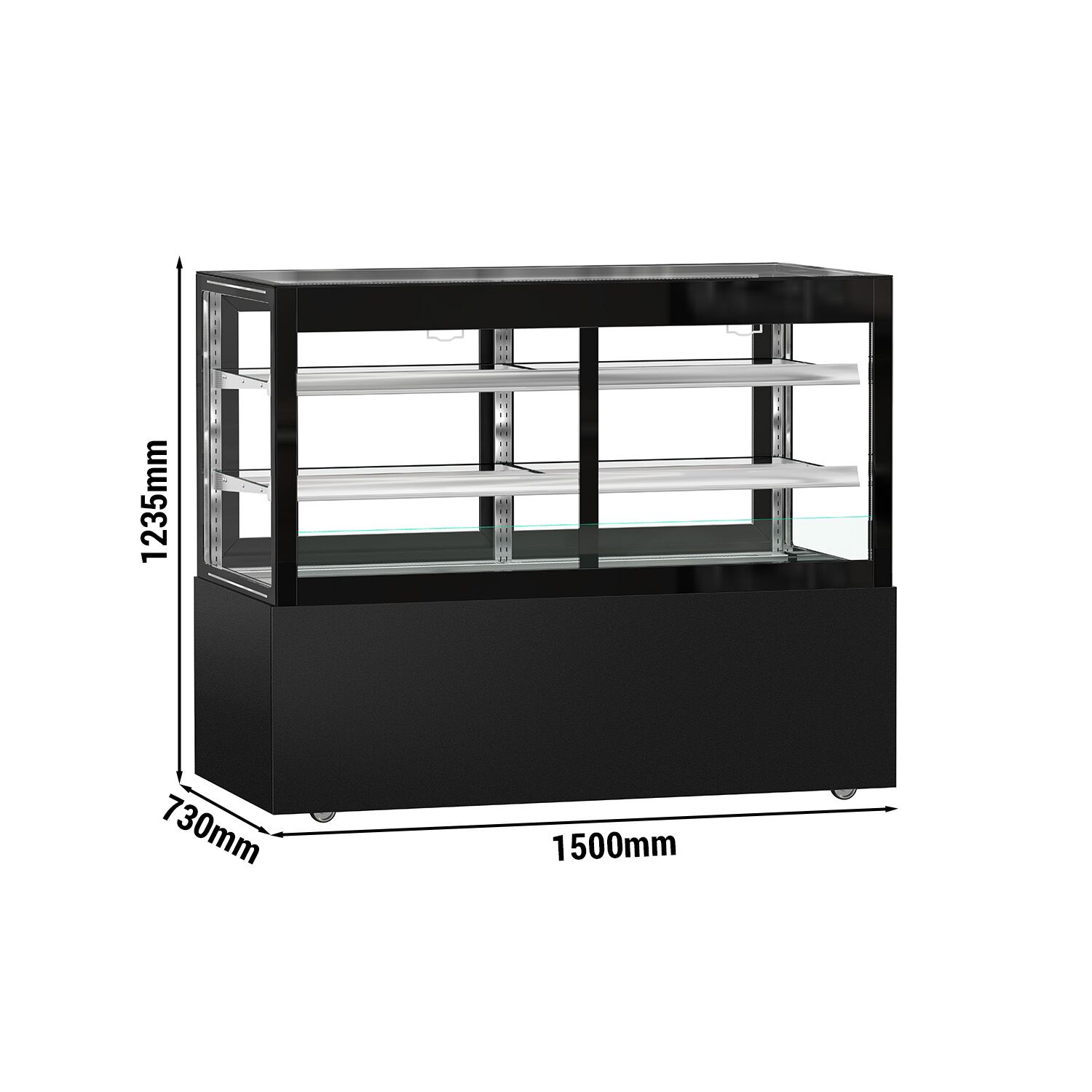 Vitrine à pâtisserie réfrigérée MADRID Self-Service - 530L - 1500mm - Double vitrage - avec 2 étagères en verre - portes coulissantes arrière - avec rideau de nuit - Noir mat