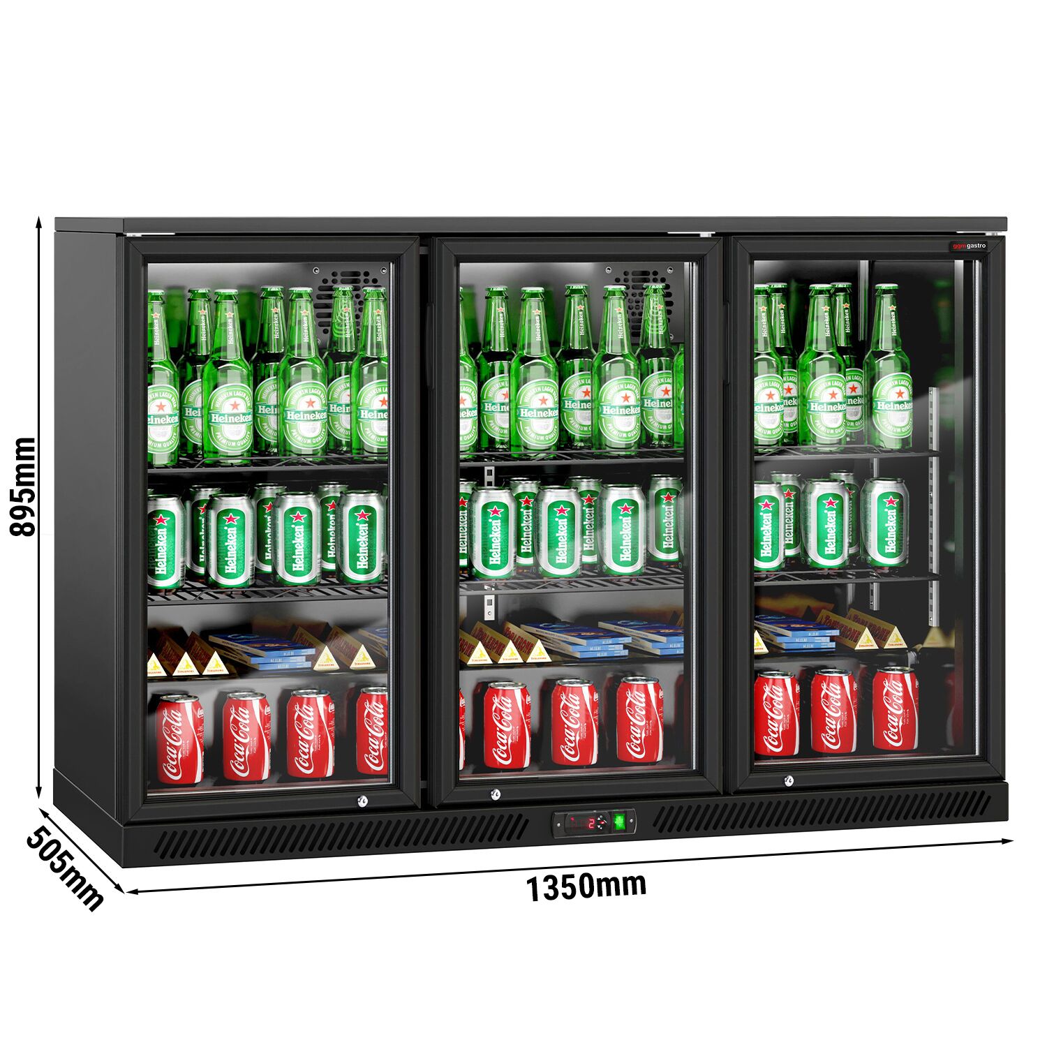Réfrigérateur de bar – 1350 mm – 320 litres – avec 3 portes vitrées battantes – Extérieur & intérieur Noir