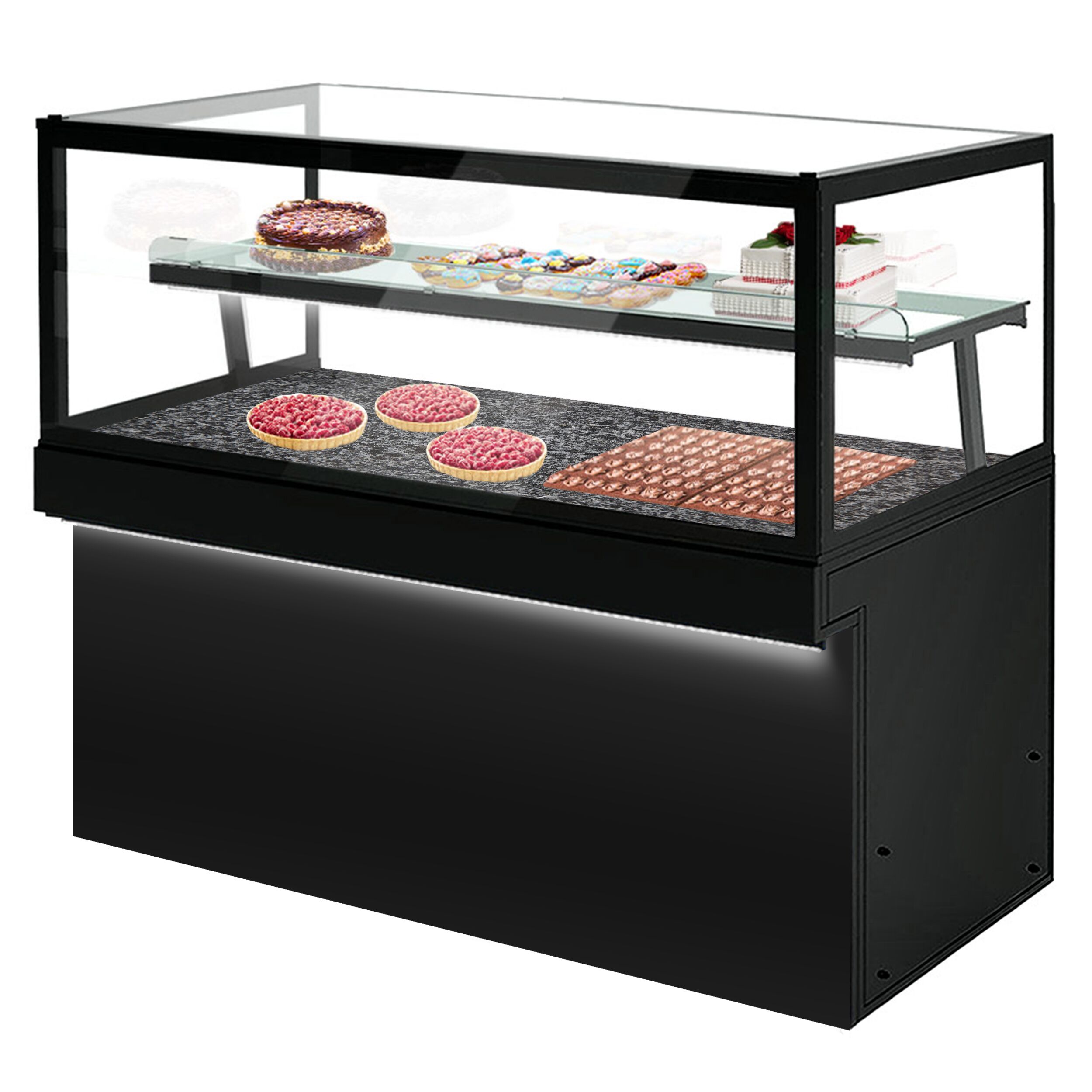Comptoir à pâtisseries TORONTO - 1800x800mm - Façade noire - Éclairage LED - 2 étagères - double vitrage