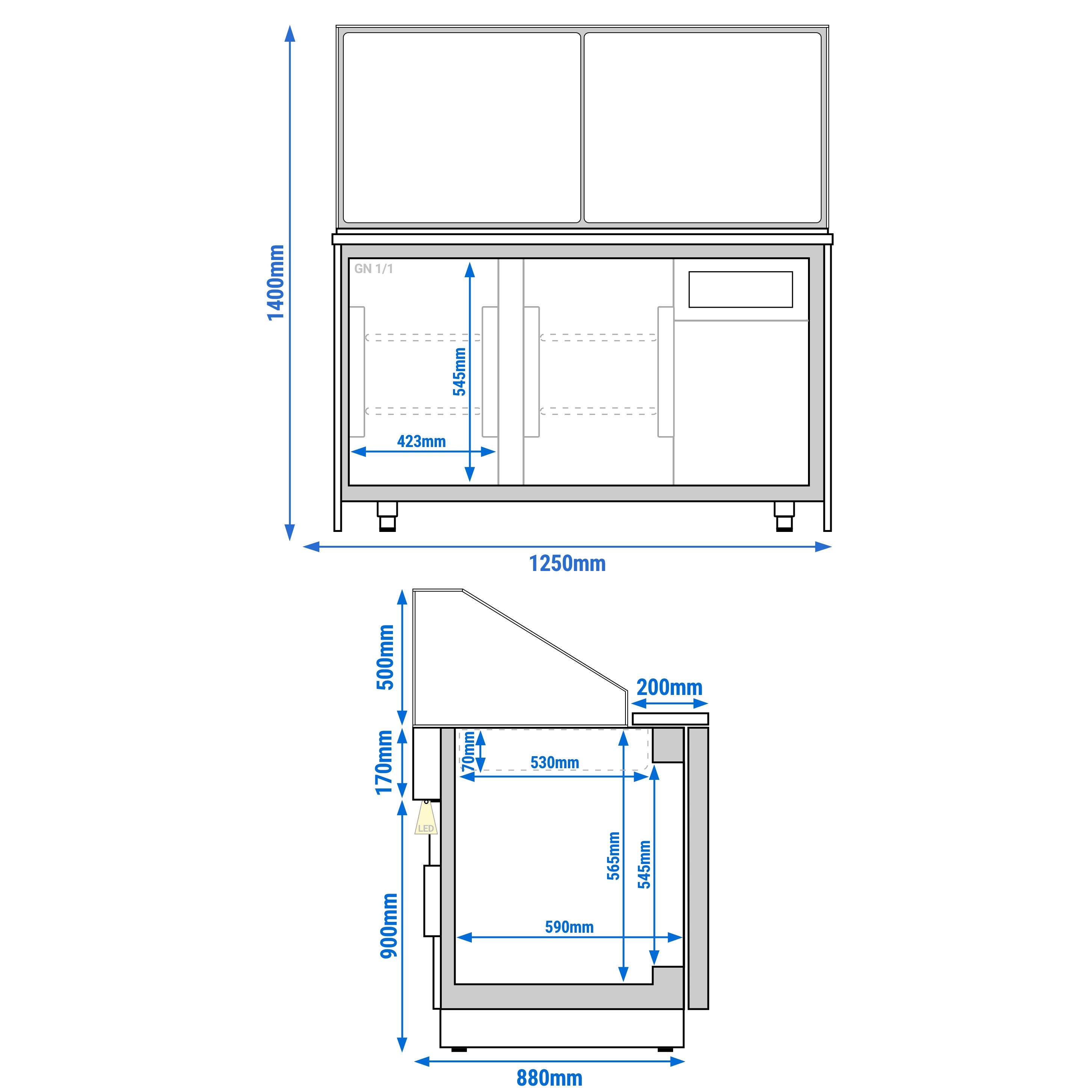 Saladette réfrigérée - 1250mm - façade décor bois naturel - 2 portes - avec vitrine de comptoir pour 3x GN 1/1 & 1 étagère - plan de travail en granit noir