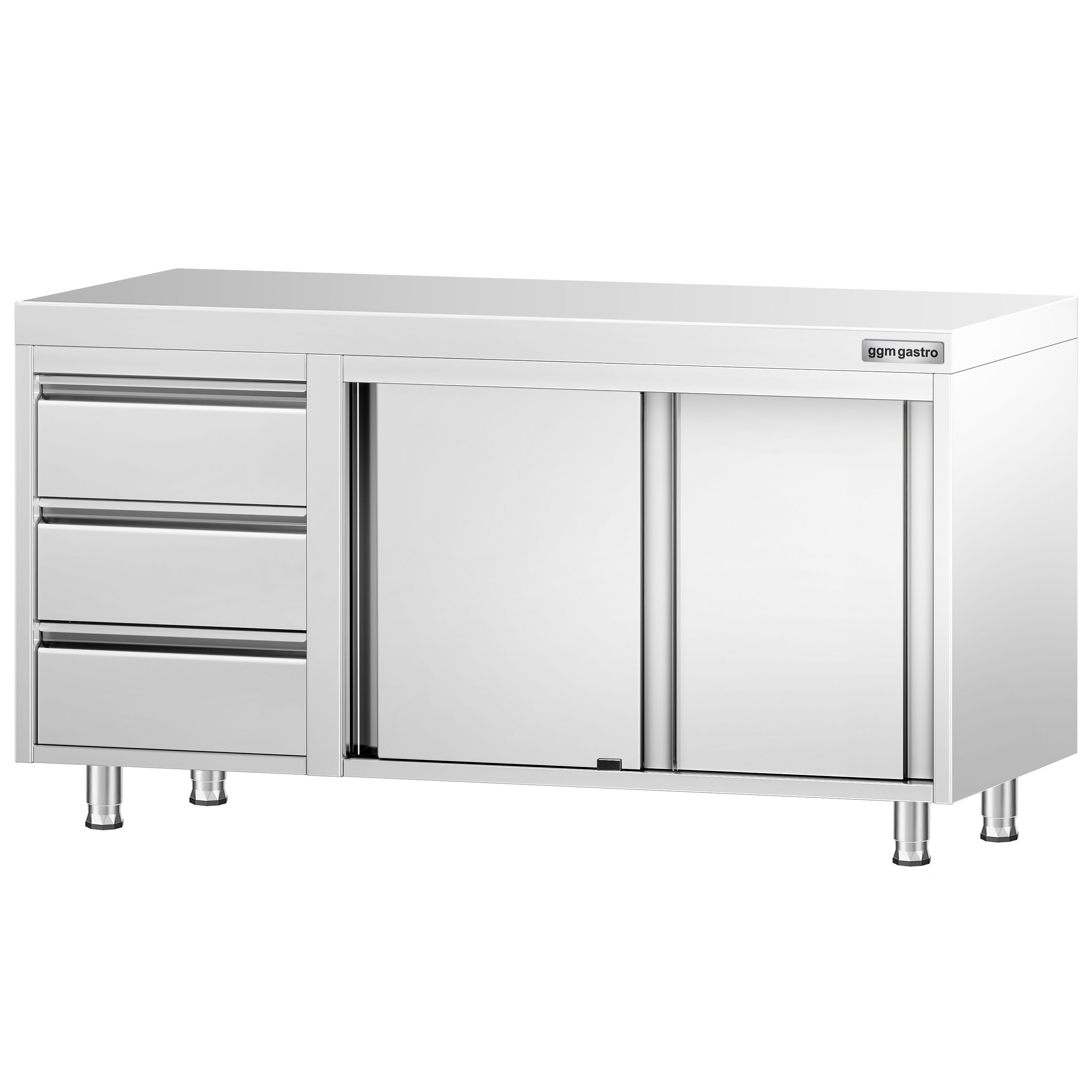 Table armoire en acier inoxydable PREMIUM - 1400x600mm - avec portes coulissantes et étagère basse et 3 tiroirs à gauche
