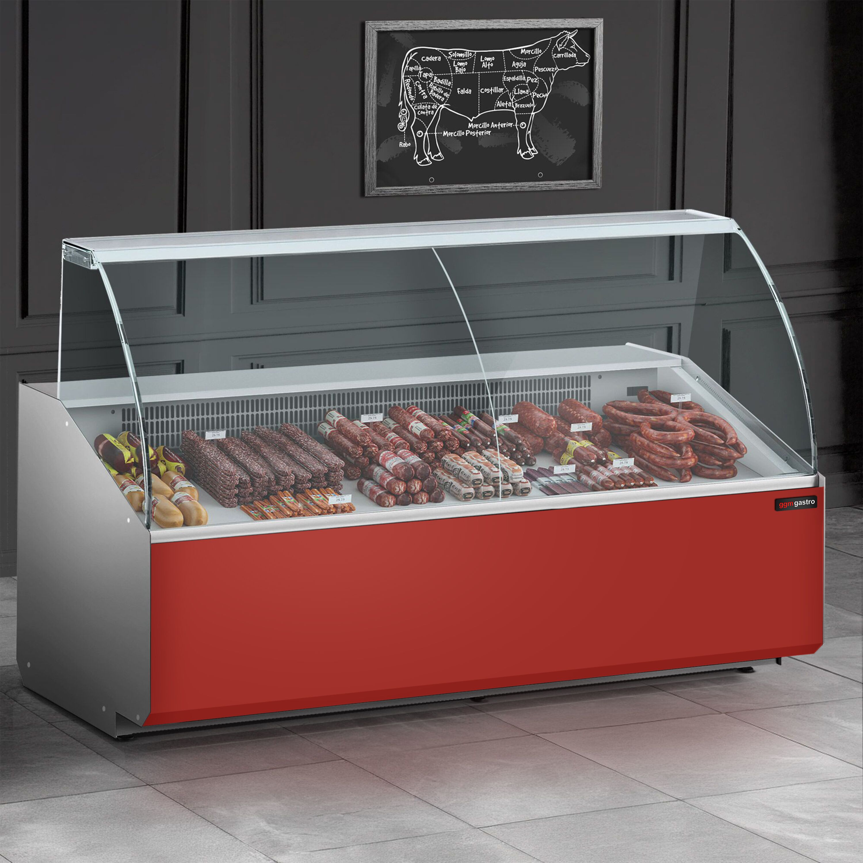 Serve Over Counter - 2506x979mm - double-glazed glass - front panel red - capacity 512 litres