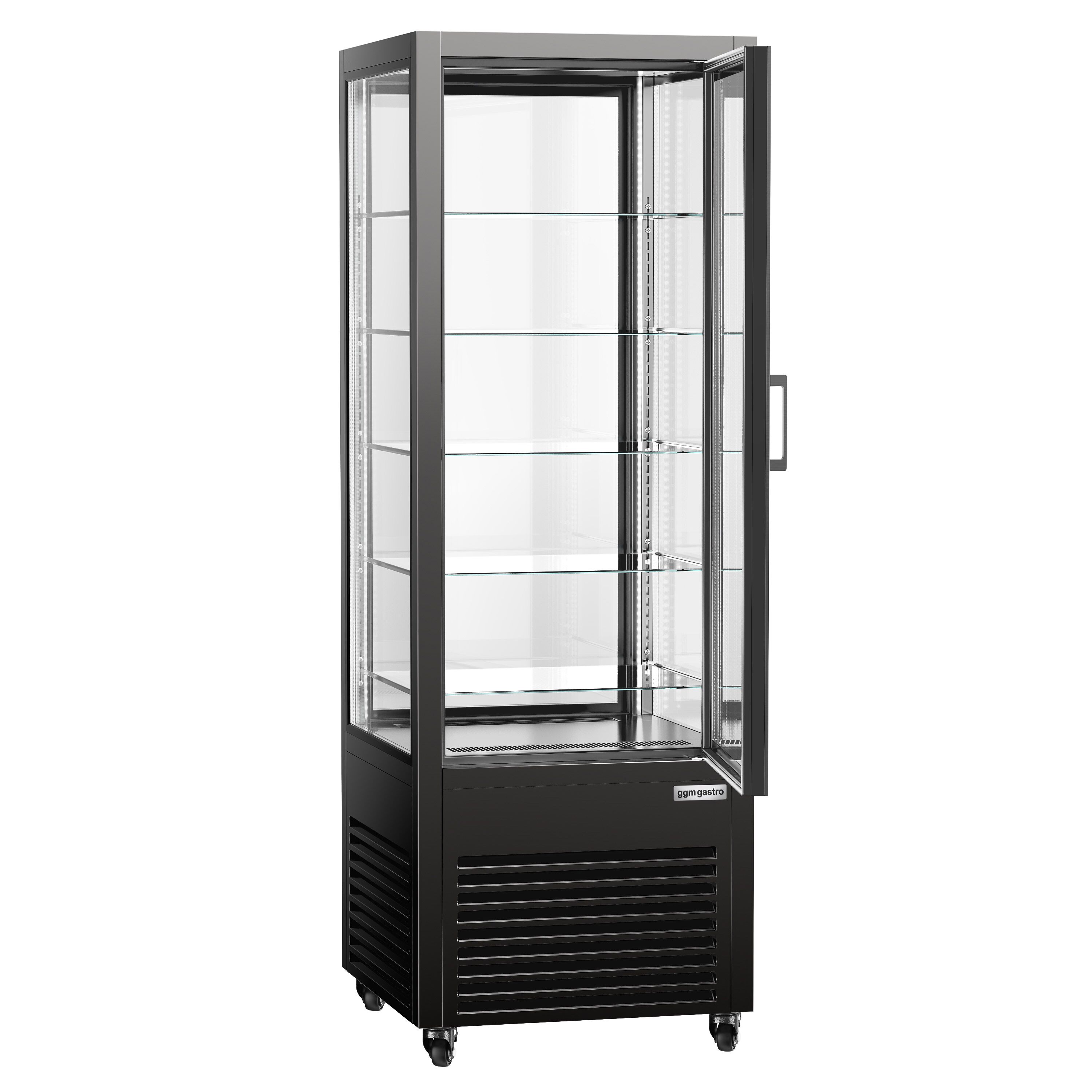 Vitrine réfrigérée 4 faces vitrées / Vitrine panoramique – 440 litres – 2 portes en verre – 5 étagères – Noir