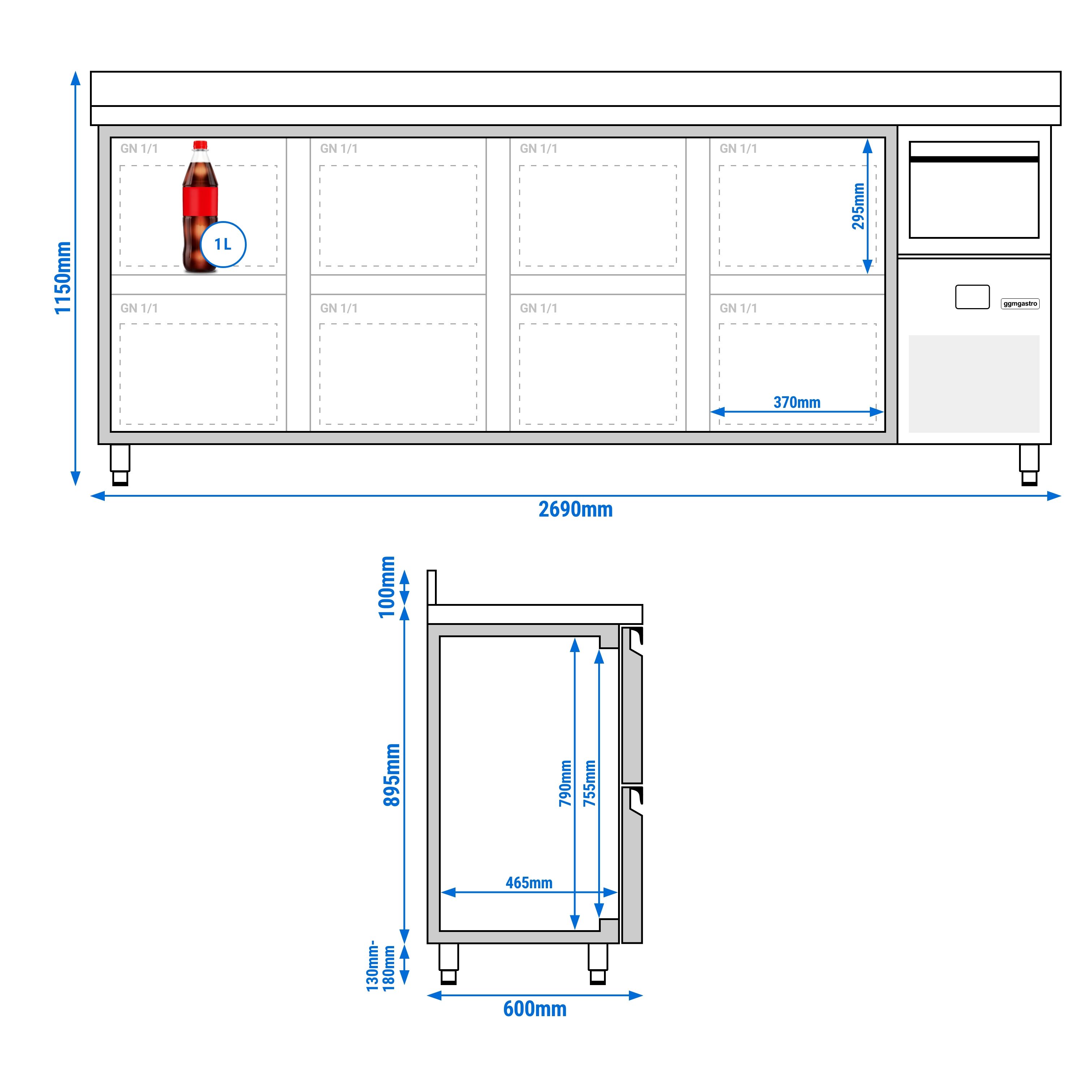 Arrière-bar réfrigéré professionnel PREMIUM - 2690x600 mm - avec 8 tiroirs 1/2, dosseret & bac à marc pour café