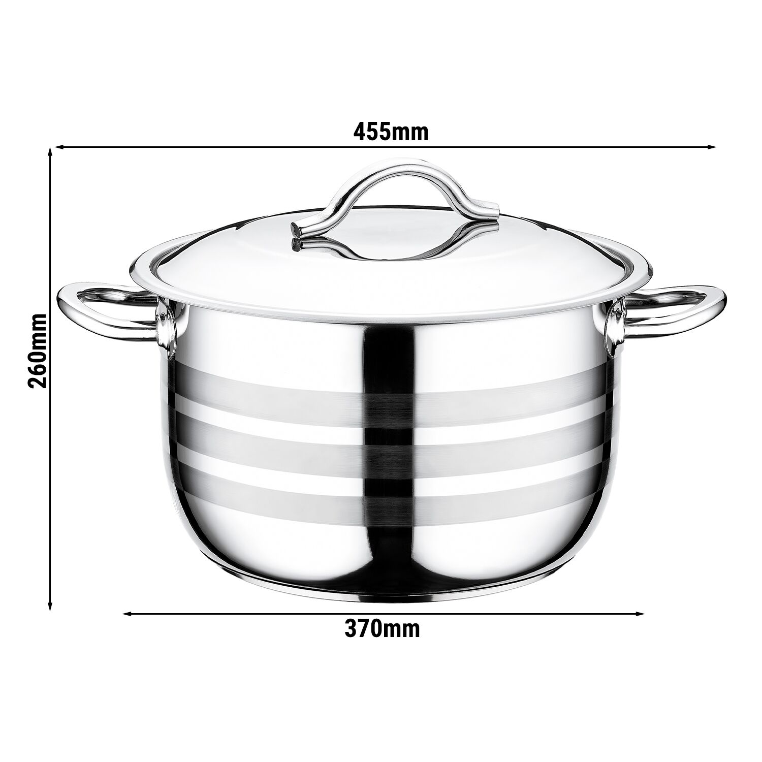 Gryta med lock - Rostfritt stål - 18,6 liter - Ø 340 mm - Höjd: 260 mm - 370x455x260 mm - med dampventil; värmetåliga handtag; jämn värmefördelning; diskmaskinssäker; ugnsfast - för induktion