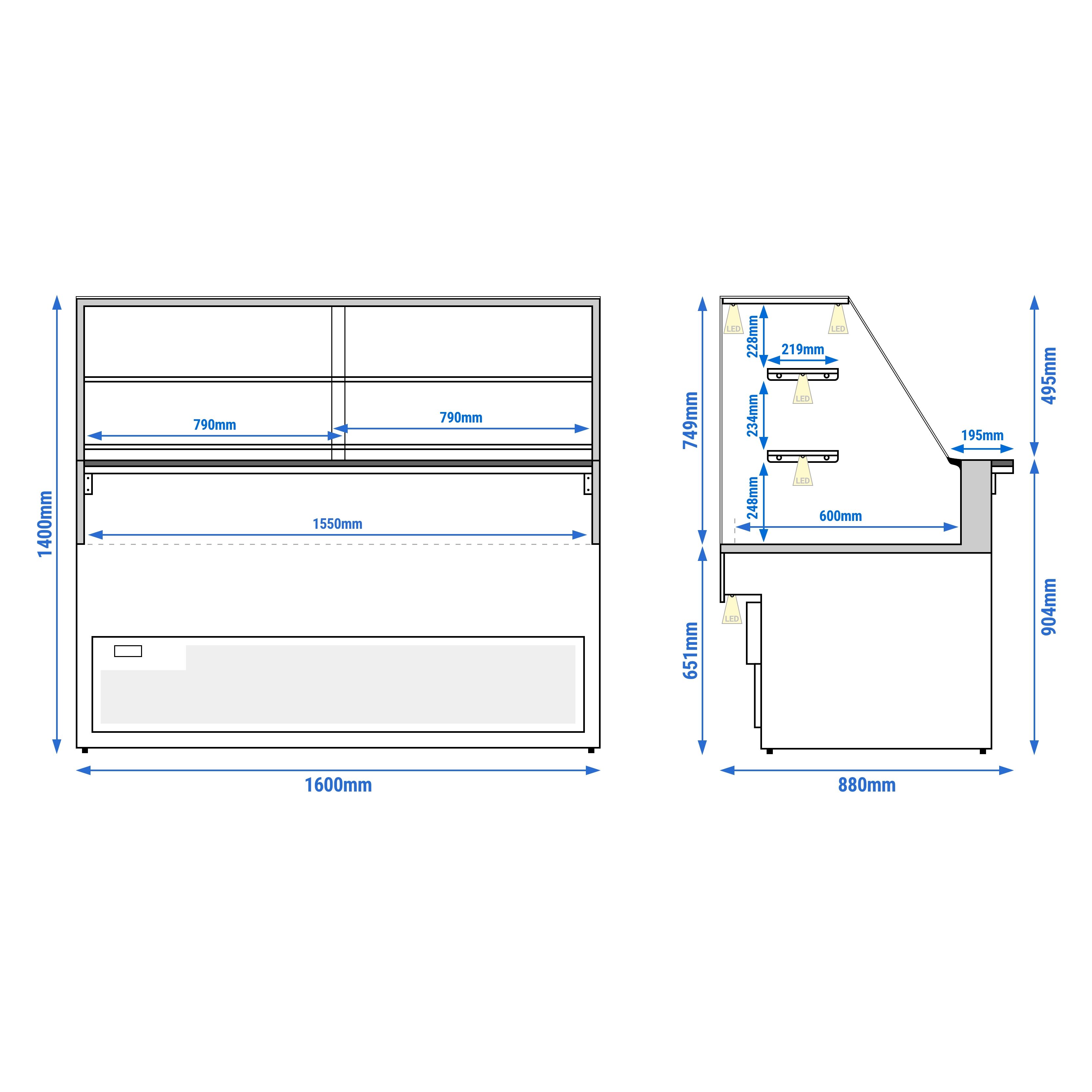 Comptoir réfrigéré TORONTO – 1600 mm – double vitrage – façade en bois – 2 étagères – plan de travail en granit Noir
