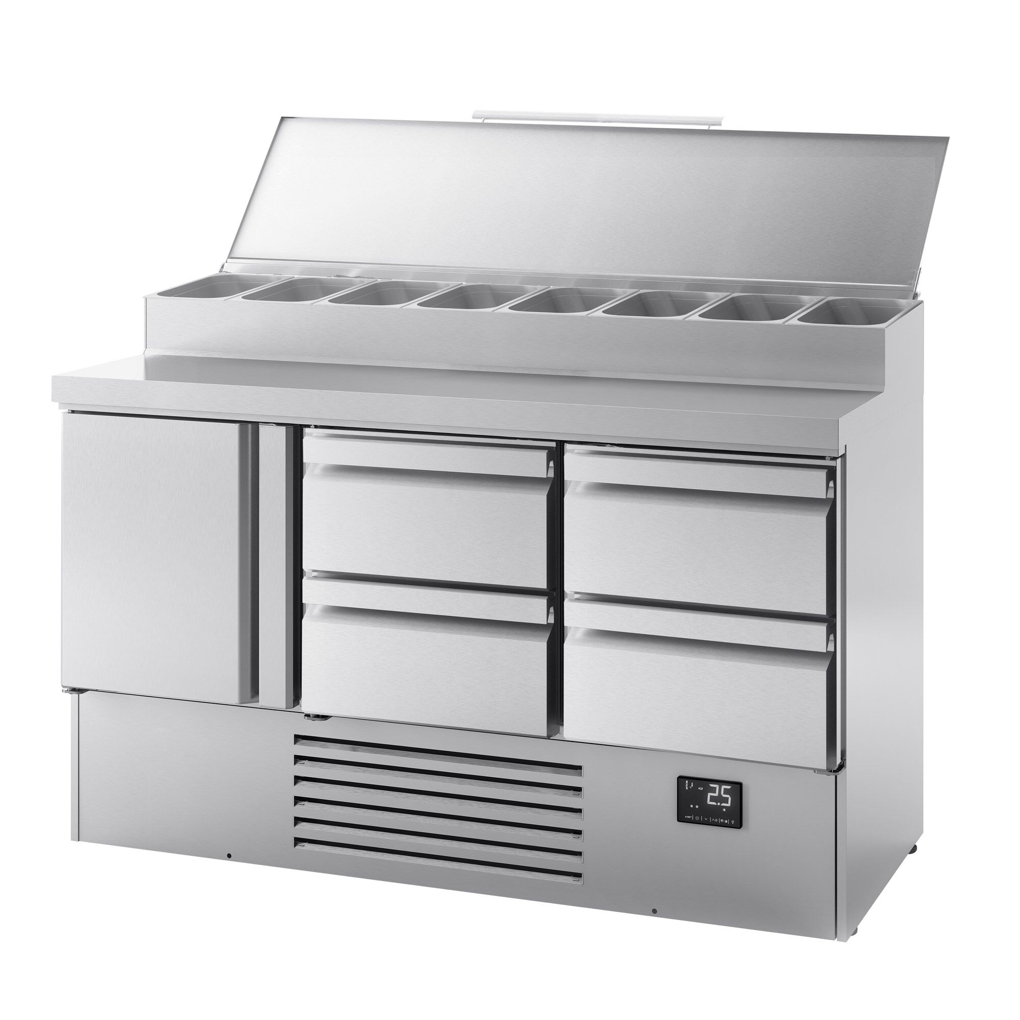 Table réfrigérée de préparation Mini - 1460 x 700 mm - avec 1 porte et 4 tiroirs - avec superstructure en inox 8 x GN 1/4
