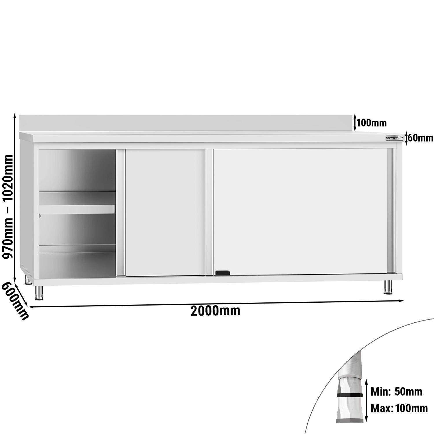 Table armoire en acier inoxydable ECO - 2000x600mm - avec portes coulissantes et étagère basse - avec dosseret