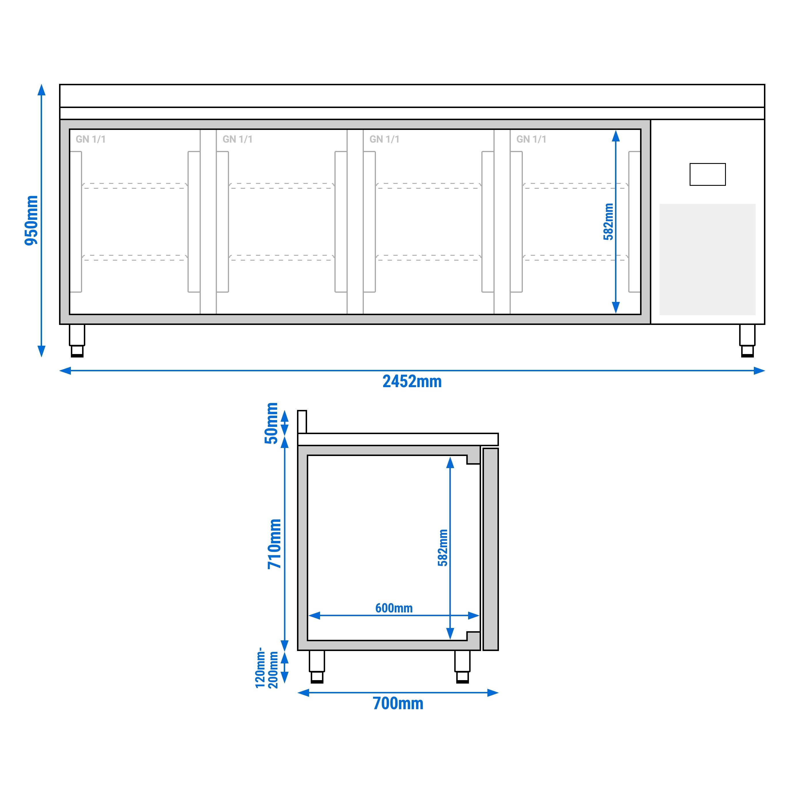 Table de congélation Premium PLUS - 2452x700 mm - avec 4 portes - avec dosseret