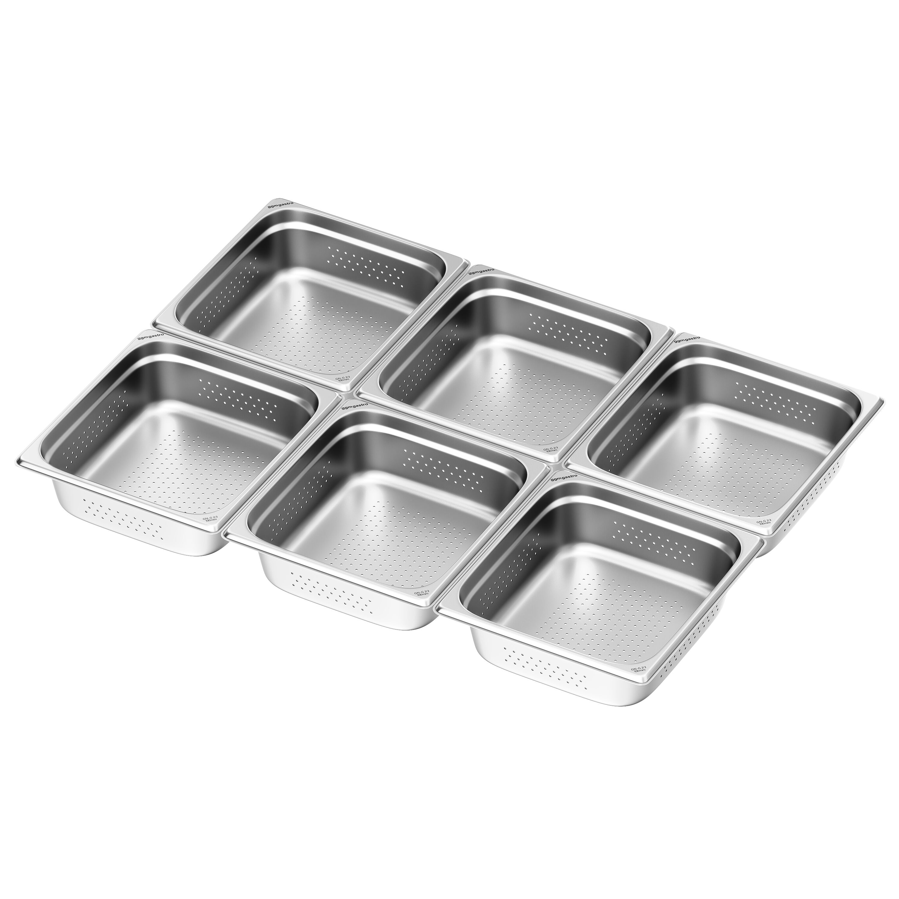 (6 pièces) Récipients en acier inoxydable GN 2/3 - perforés - Hauteur : 100mm