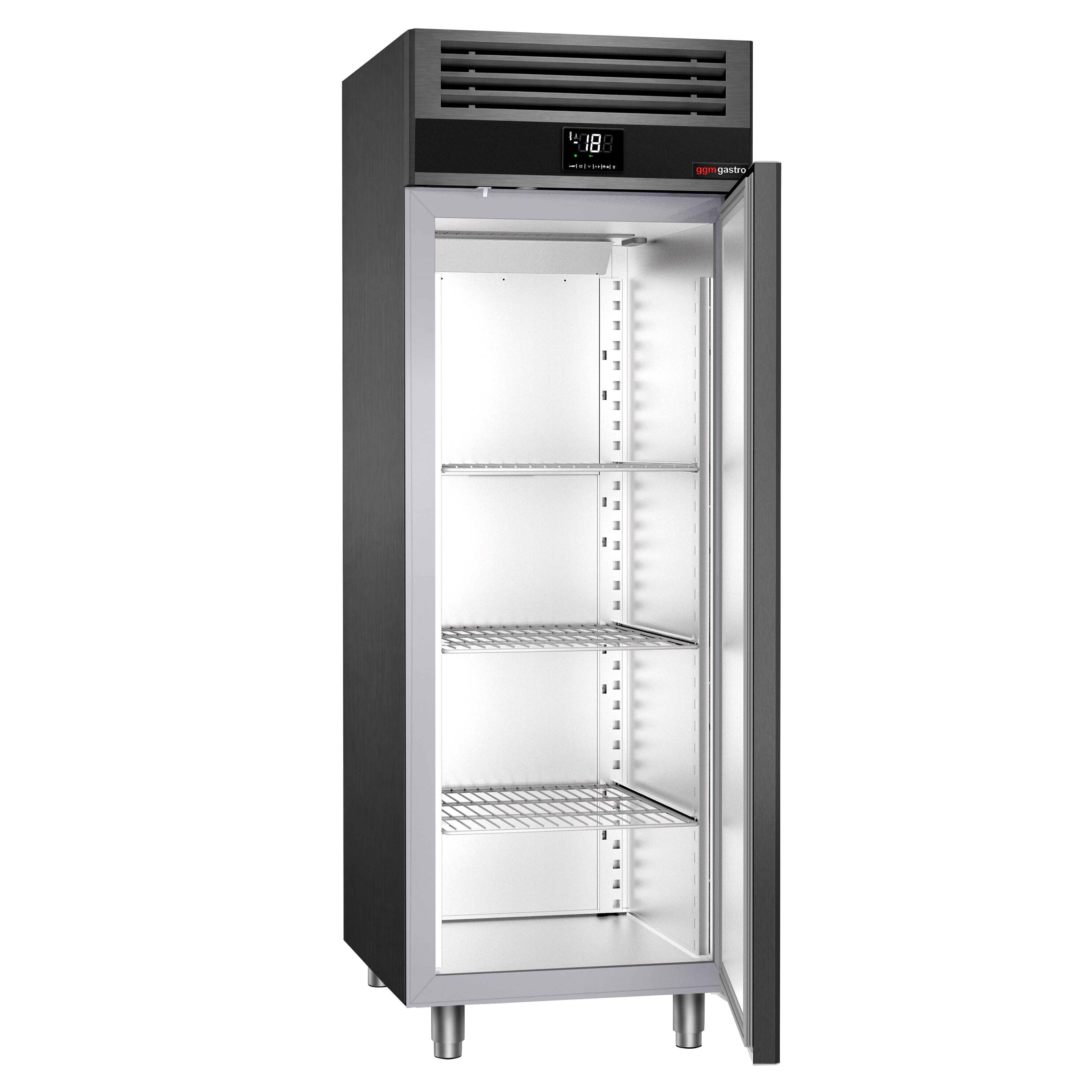 Armoire réfrigérée vitrée négative en acier inoxydable AISI 430 PREMIUM - GN 2/1 - 700 L - avec 1 porte vitrée & Glissières GN & 3 grilles GN 2/1 - Anthracite