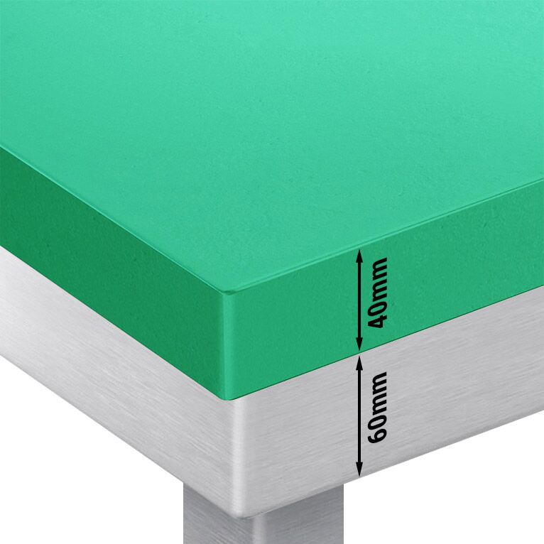 Stół roboczy centralny ze stali nierdzewnej PREMIUM - 700x700mm - z półką - z deską do krojenia Zielony