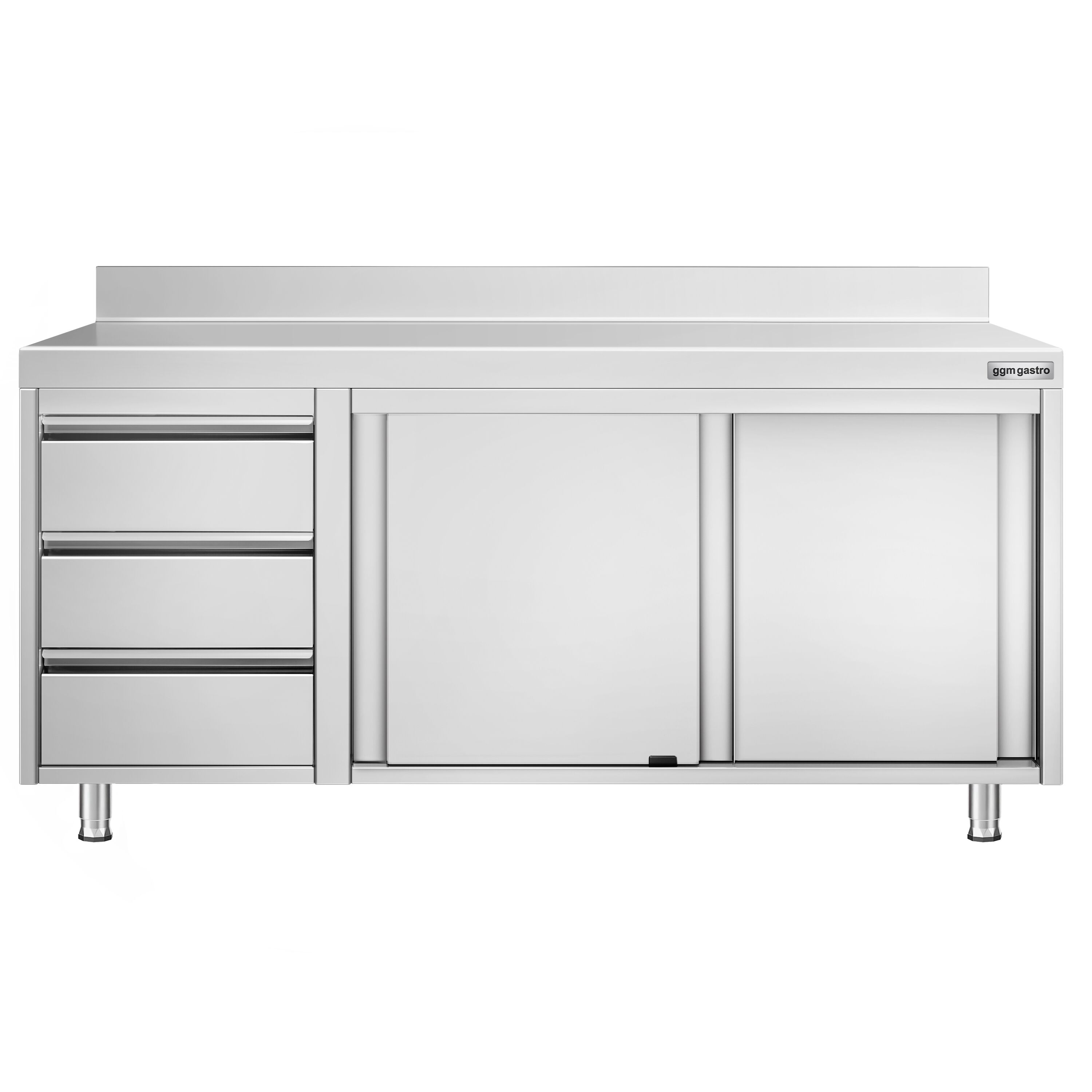Table armoire en acier inoxydable PREMIUM - 1800x600mm - avec 3 tiroirs à gauche et portes coulissantes - avec dosseret