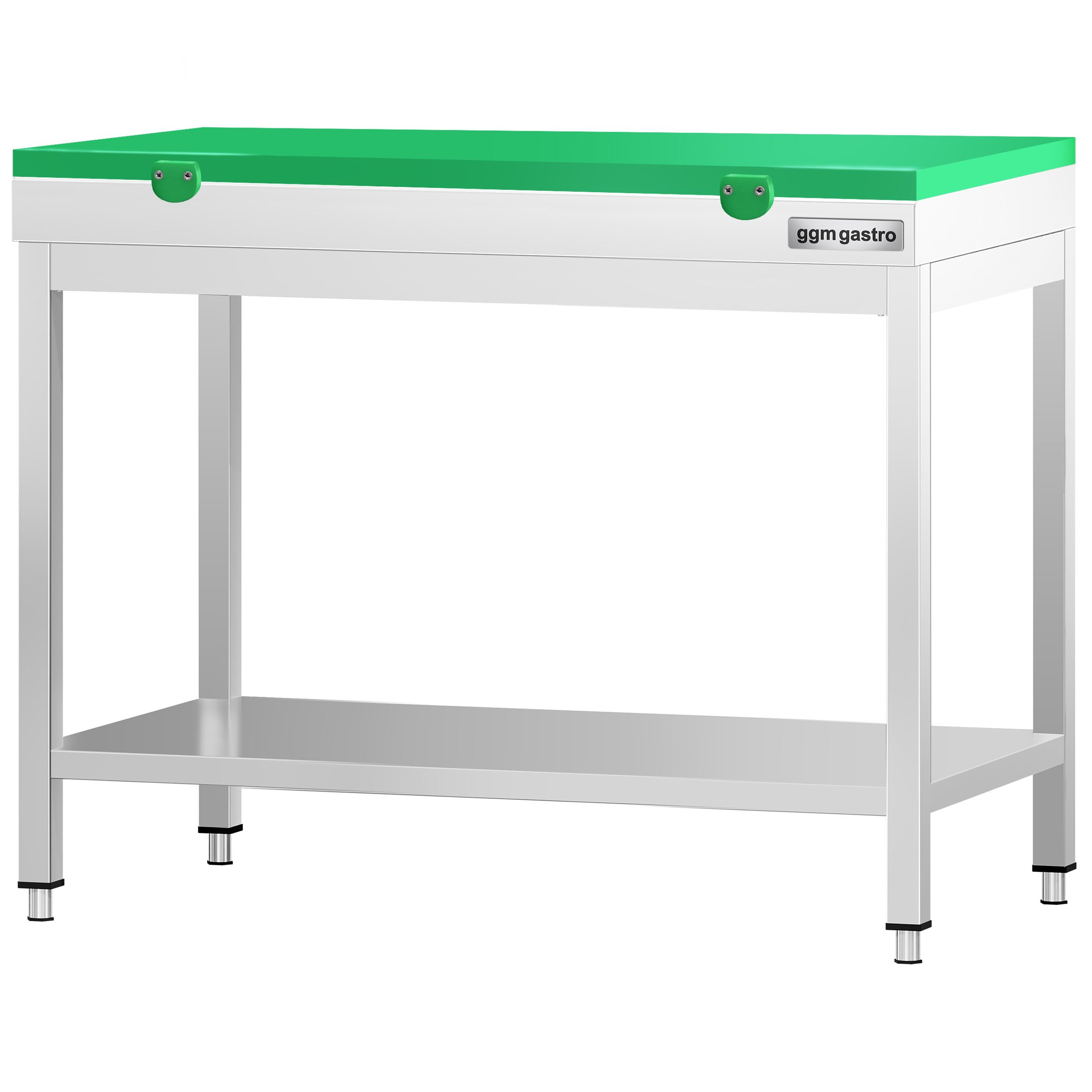 Stół roboczy centralny ze stali nierdzewnej PREMIUM - 800x600mm - z półką & wzmocniony - z deską do krojenia Zielony
