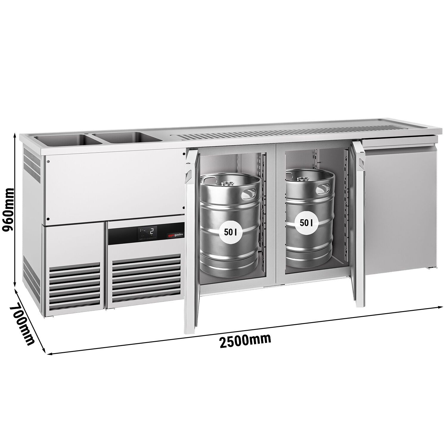 Comptoir de bar réfrigéré PREMIUM - 2500x700mm - 3 portes  