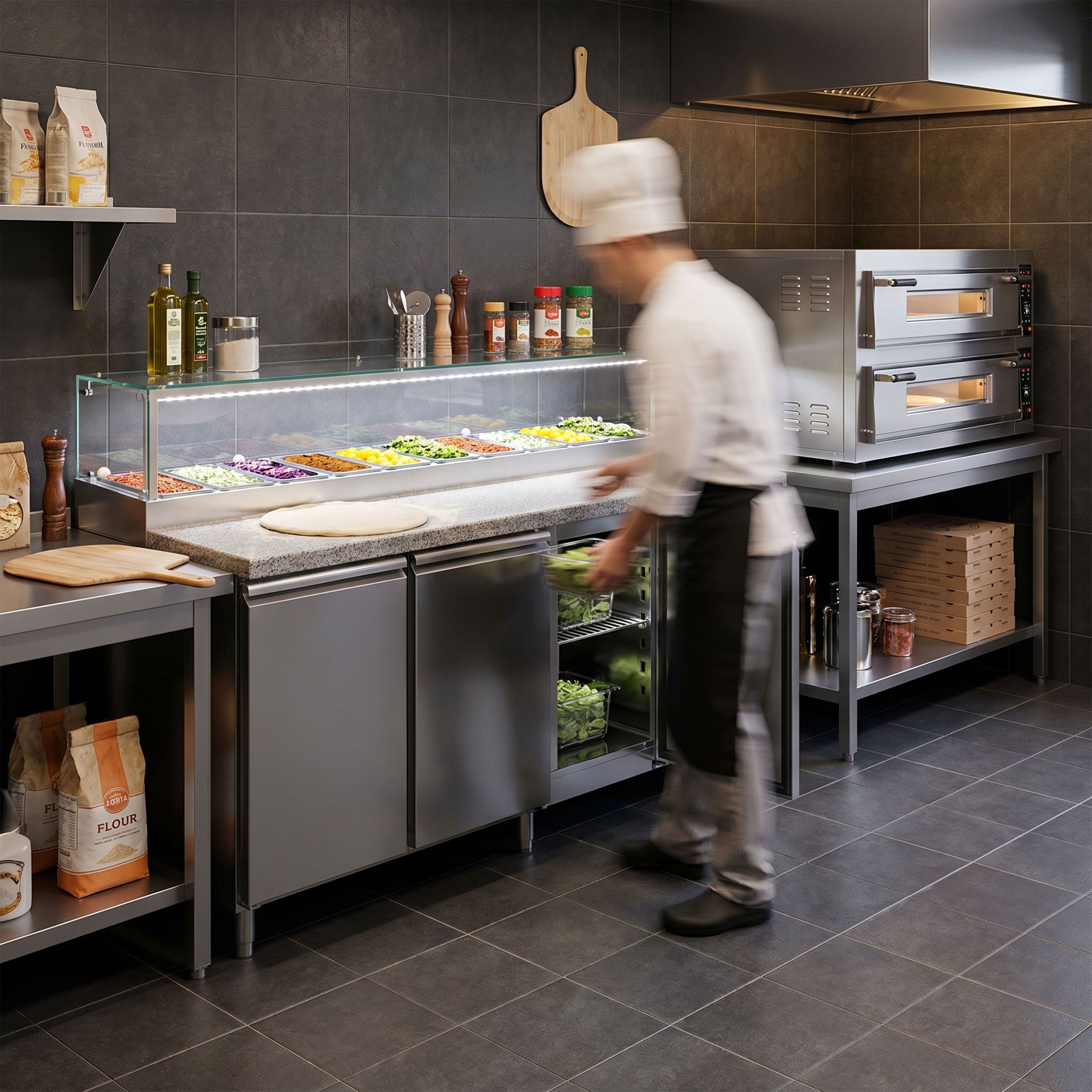 Saladette PREMIUM - 2020mm - 3 deuren - met glazen opzetvitrine voor 10x GN 1/3 - granieten werkblad