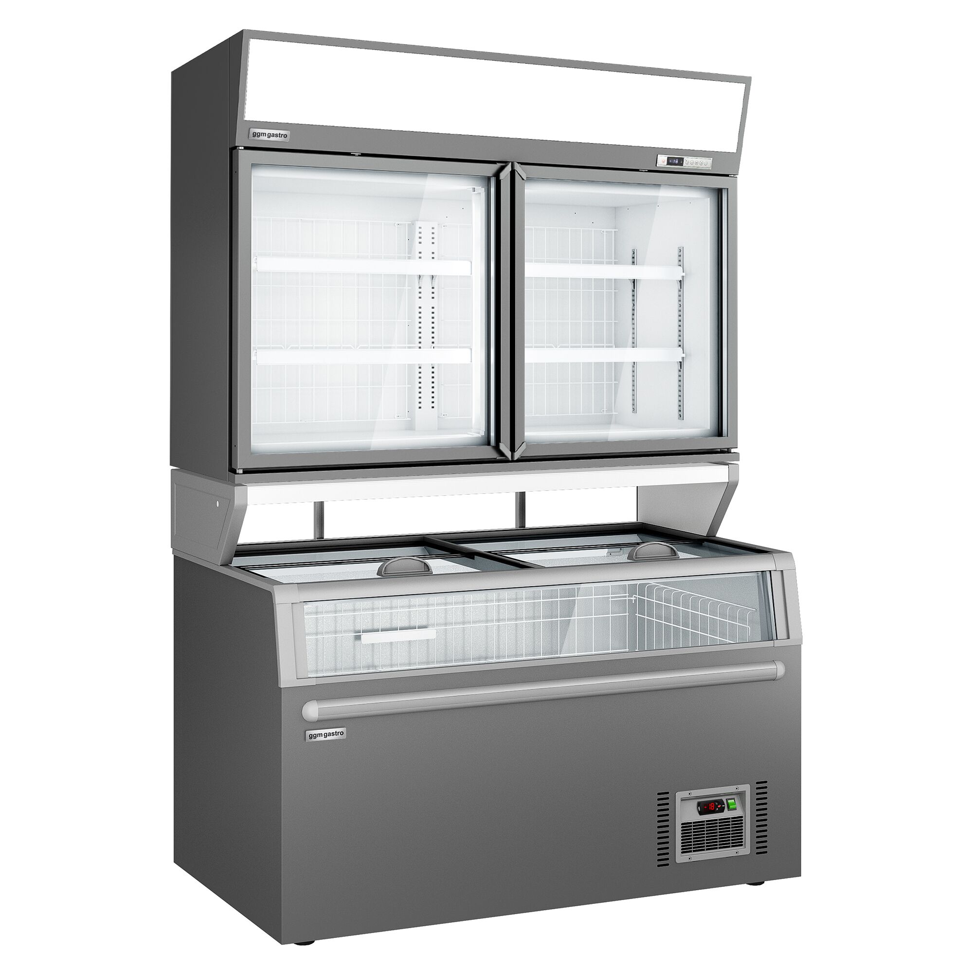 Vitrine murale de congélation pour supermarché - 2 portes - avec îlot de congélation inclus - Gris