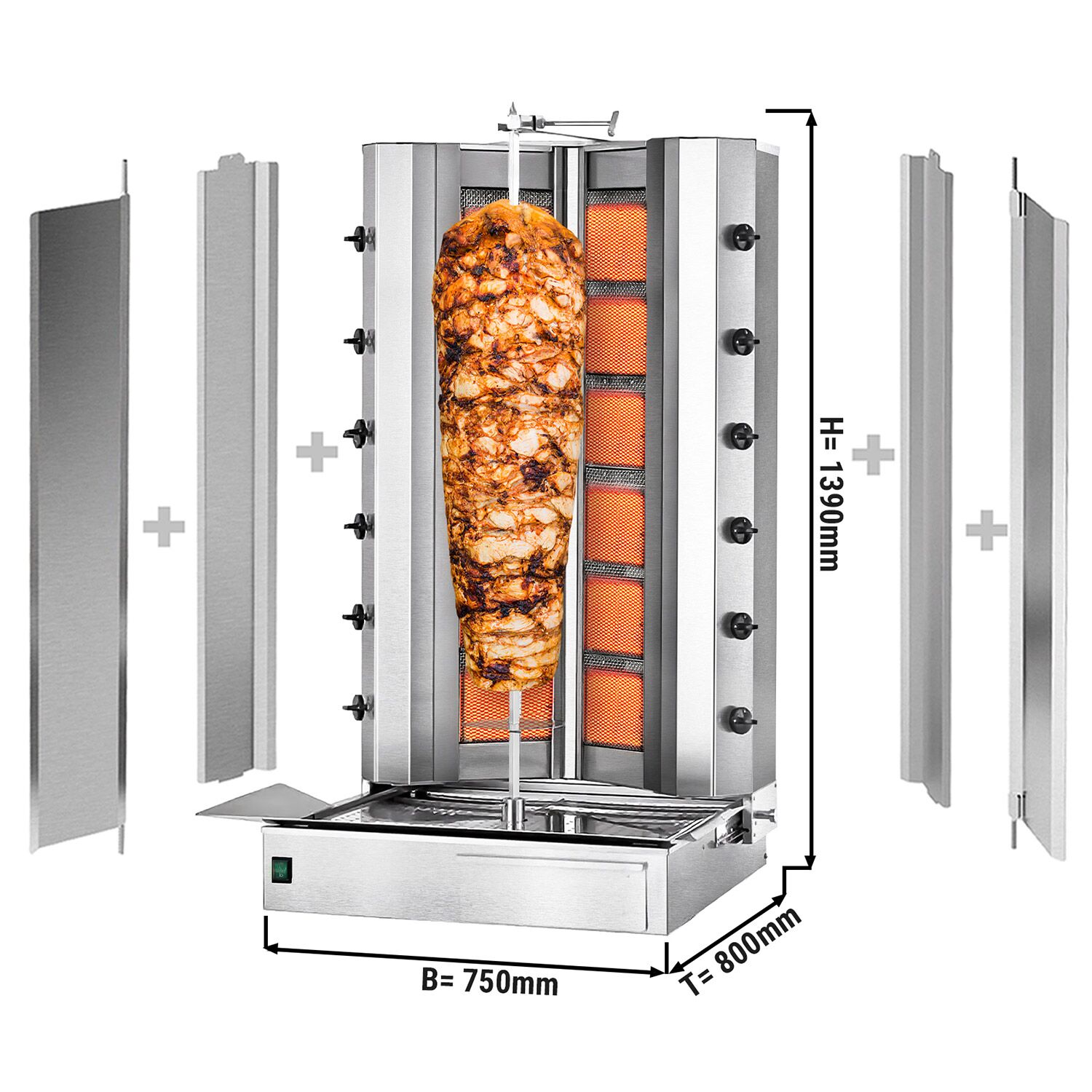 Gas Doner Kebab Grill (Shawarma/Gyros) - 12 Burner - up to 150kg - 39kW - Countertop - incl. 2 splash guards & 2 double doors