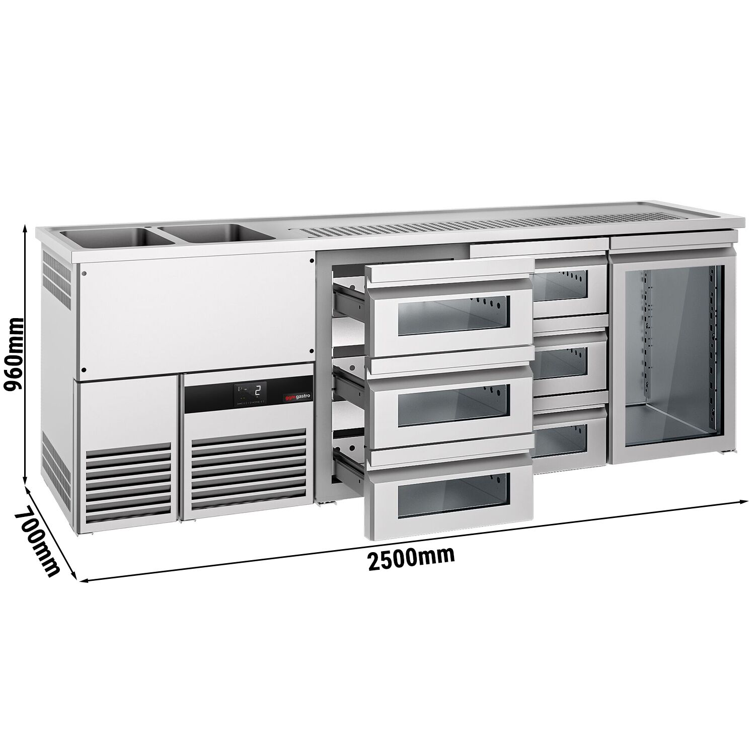 Comptoir de bar réfrigéré PREMIUM - 2500x700mm - 1 porte vitrée & 6 tiroirs en verre